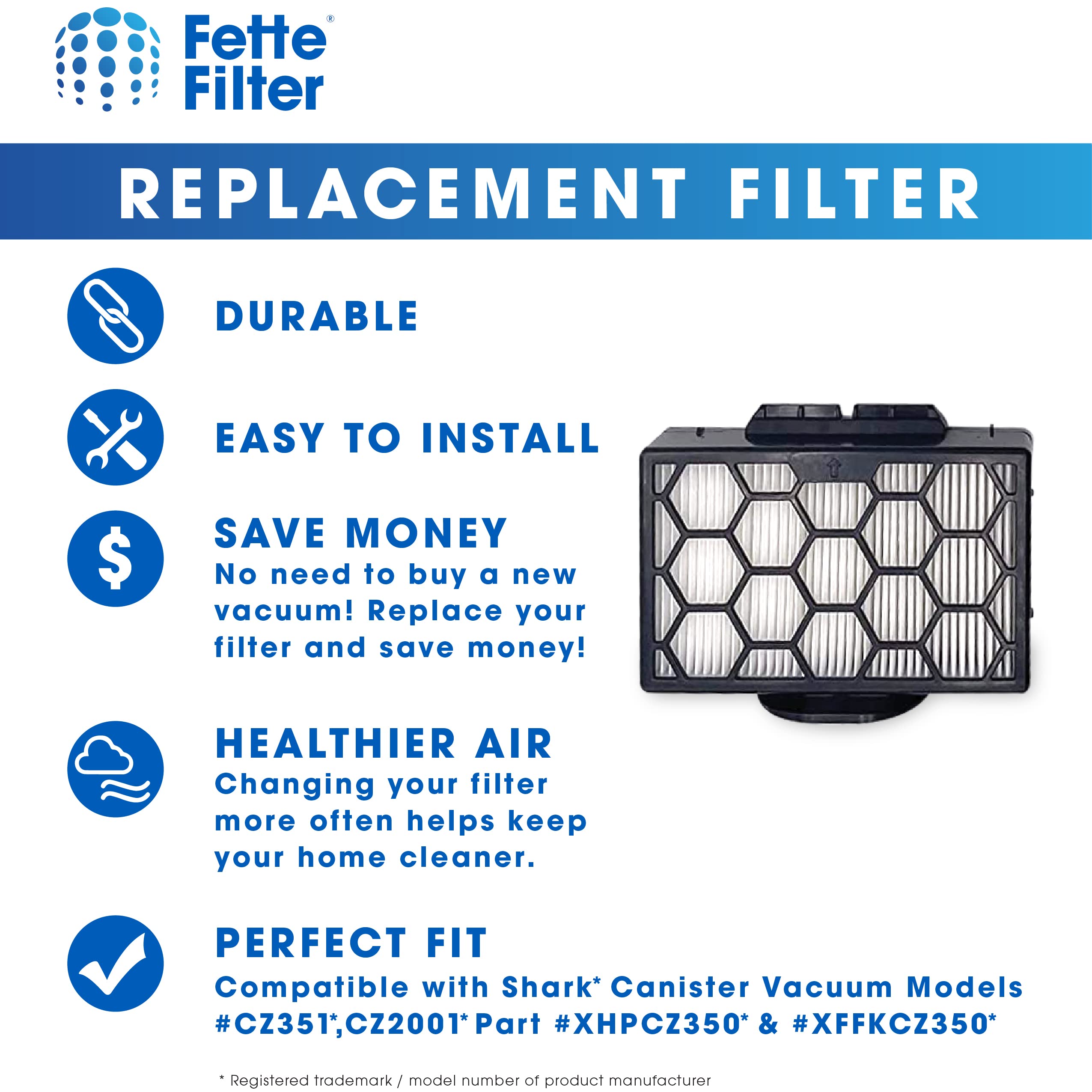 Fette Filter - XHPCZ350 Hepa Vacuum Filter Compatible with Shark Canister Vacuum Models CZ351, CZ2001 Compare to Part #XHPCZ350 - Pack of 1