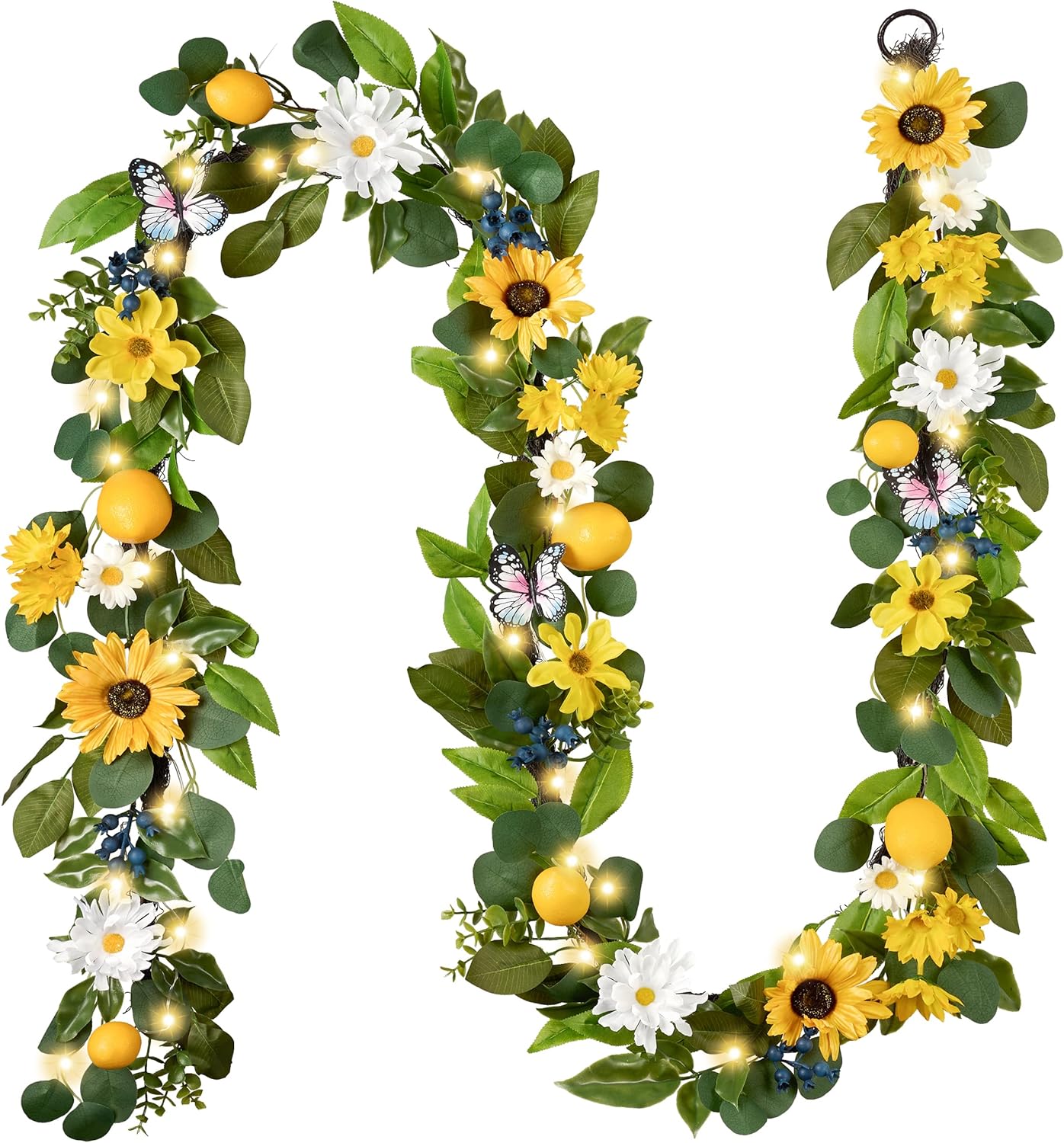 Valery Madelyn 6ft Pre-Lit Spring Summer Lemon Garland for Mantle with Light, Artificial Sunflower Greenery Fruit Vine, Rustic Farmhouse Lemon Kitchen Decor for Home Lemonade Stand Amalfi Coast Party