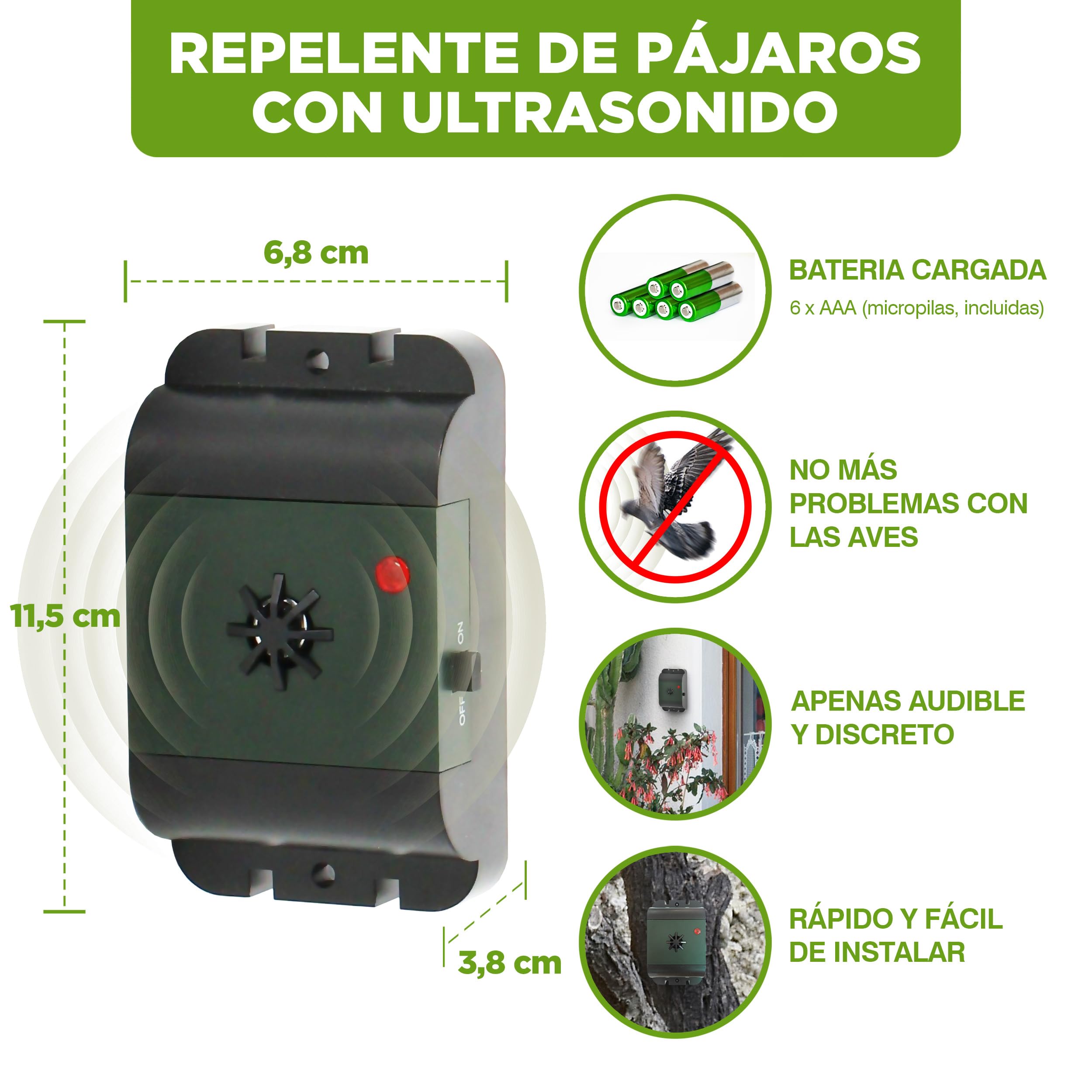 ISOTRONIC Repelente Ultrasónico de Aves — A Pilas para Palomas, Gorriones y Gaviotas — Ideal para Balcones, Azoteas y Jardines — Alcance Efectivo 40 m² — Pack de 2 Unidades