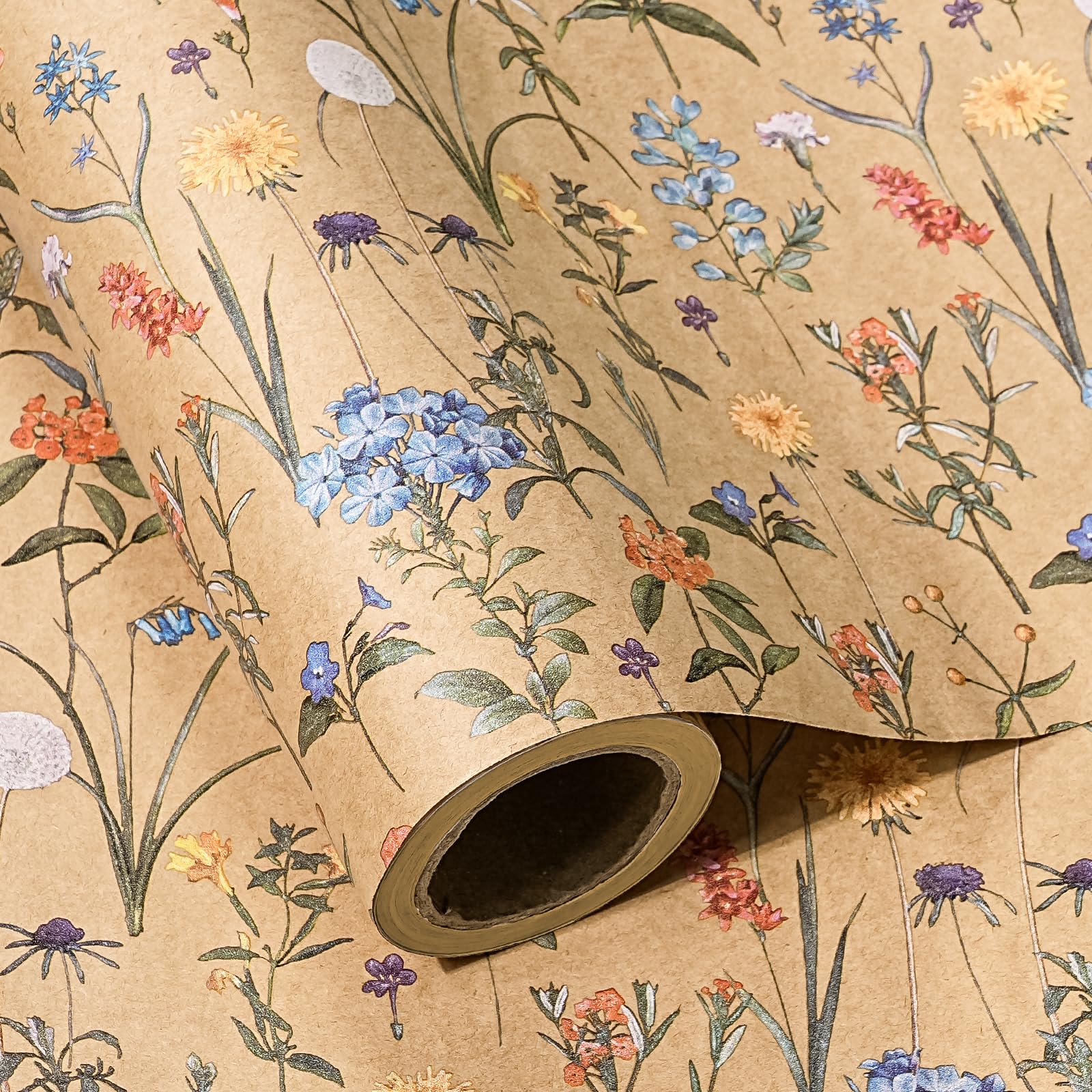 WRAPAHOLICKraft Floral Wrapping Paper Roll - Mini Roll - 17 Inch x 9.8 Feet - Wildflower Wrapping Paper Perfect for Girls Women Birthday, Wedding, Bridal Shower