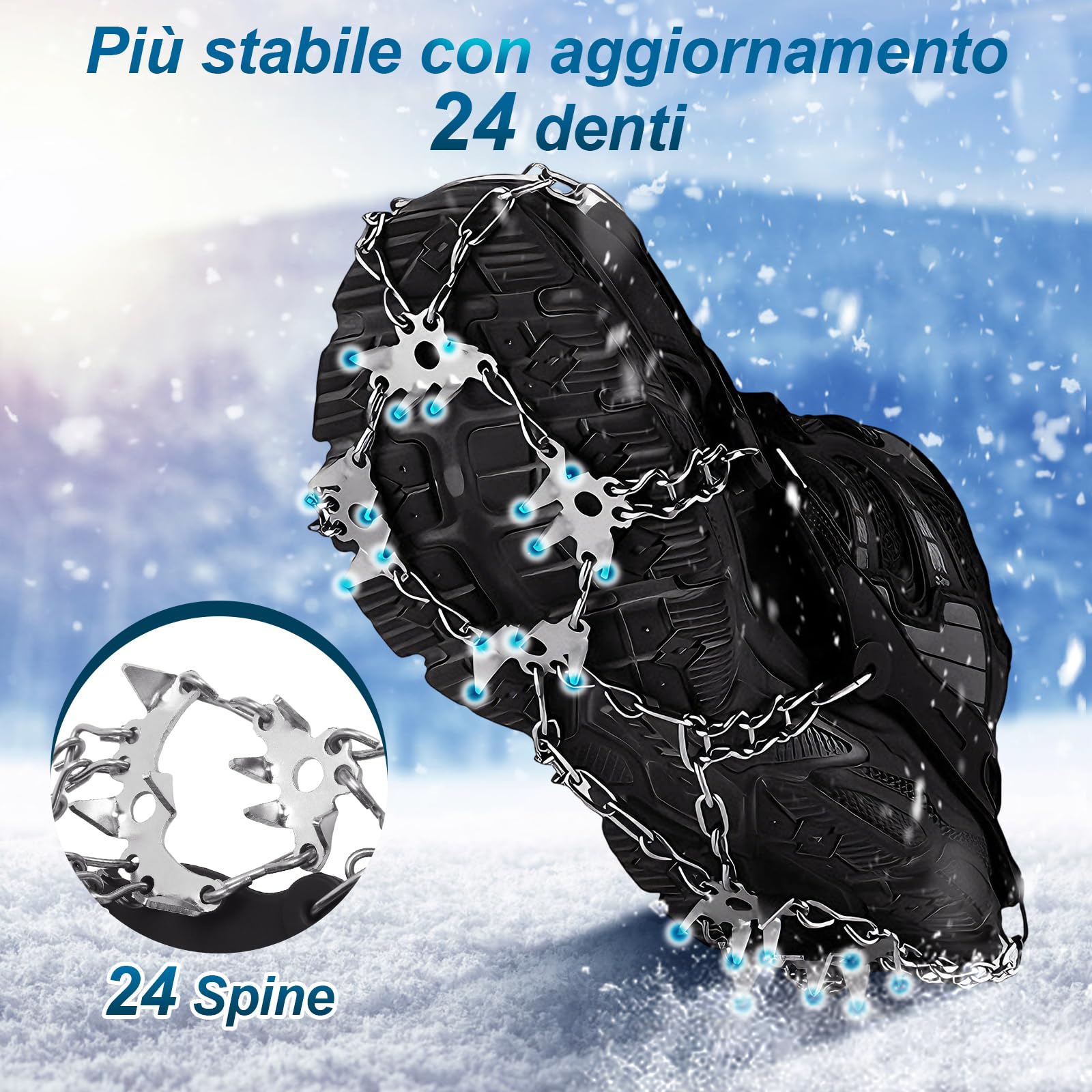 TOMSHOO Ramponi per Scarponi, 32 Denti Ramponi da Ghiaccio Catene in Acciaio Inossidabile con Cinghie, Ice Tacchetti Universali Trazione per Neve Ghiaccio Moutaineering Escursionismo