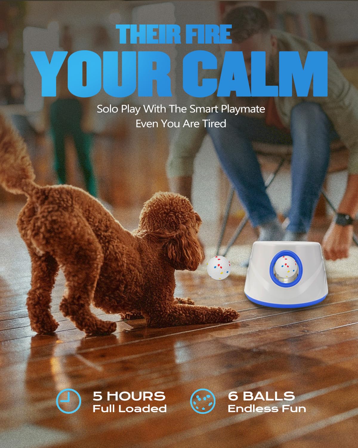 Lanceur de balles automatique pour chien, avec 6 balles ETPU, 5,8 cm (bleu)