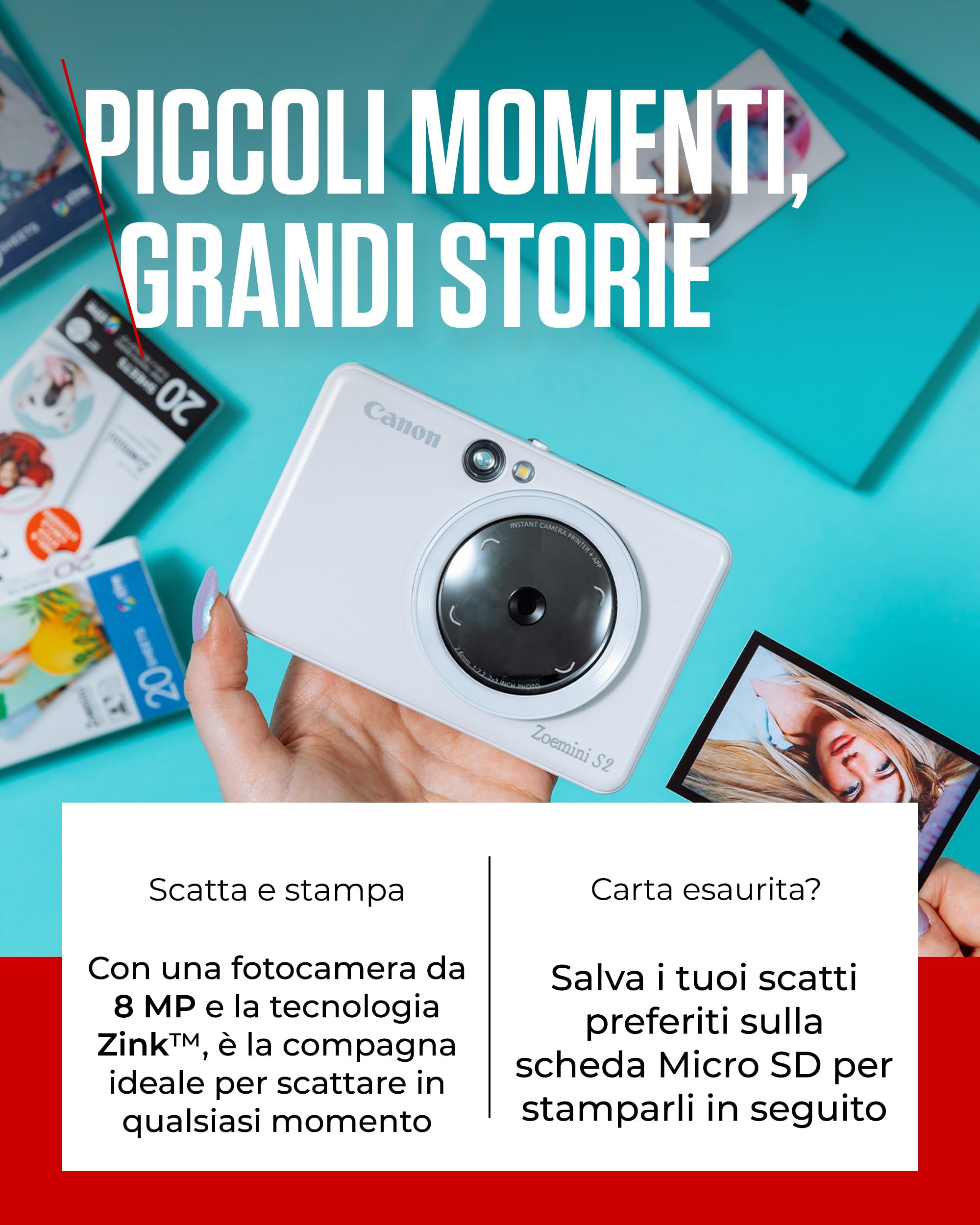 Canon Zoemini S2 Macchina Fotografica Istantanea 8MP – Fotocamera Istantanea Compatta con Specchio, Luce Circolare, Carta Fotografica con Retro Adesivo, Portatile, Bianco Perla