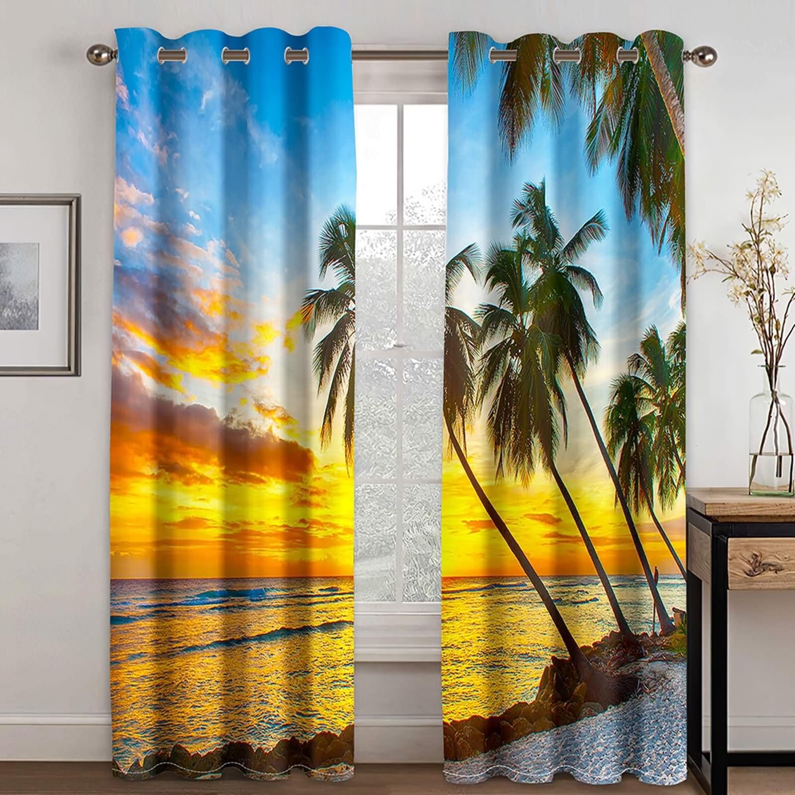 Küchen Vorhang Blickdicht 2er Set,2 x 244W x 229H cm,Vorhänge mit Ösen Palmstrand und Sonnenuntergang Landschaft Gardinen Küchen Orange Blau Grün
