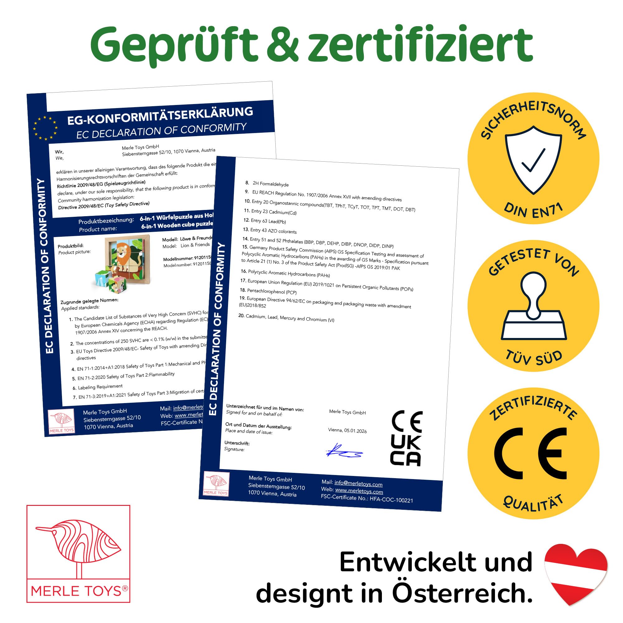 Merle Toys® 6-in-1 Würfelpuzzle ab 2 Jahre, 100% FSC-Buchenholz, Würfelpuzzle ab 3 Jahre, Bilderwürfel Holzpuzzle ab 2 Jahre, 4,5 cm große Würfel, Puzzle mit abgerundeten Ecken und Bildvorlagen, Löwe