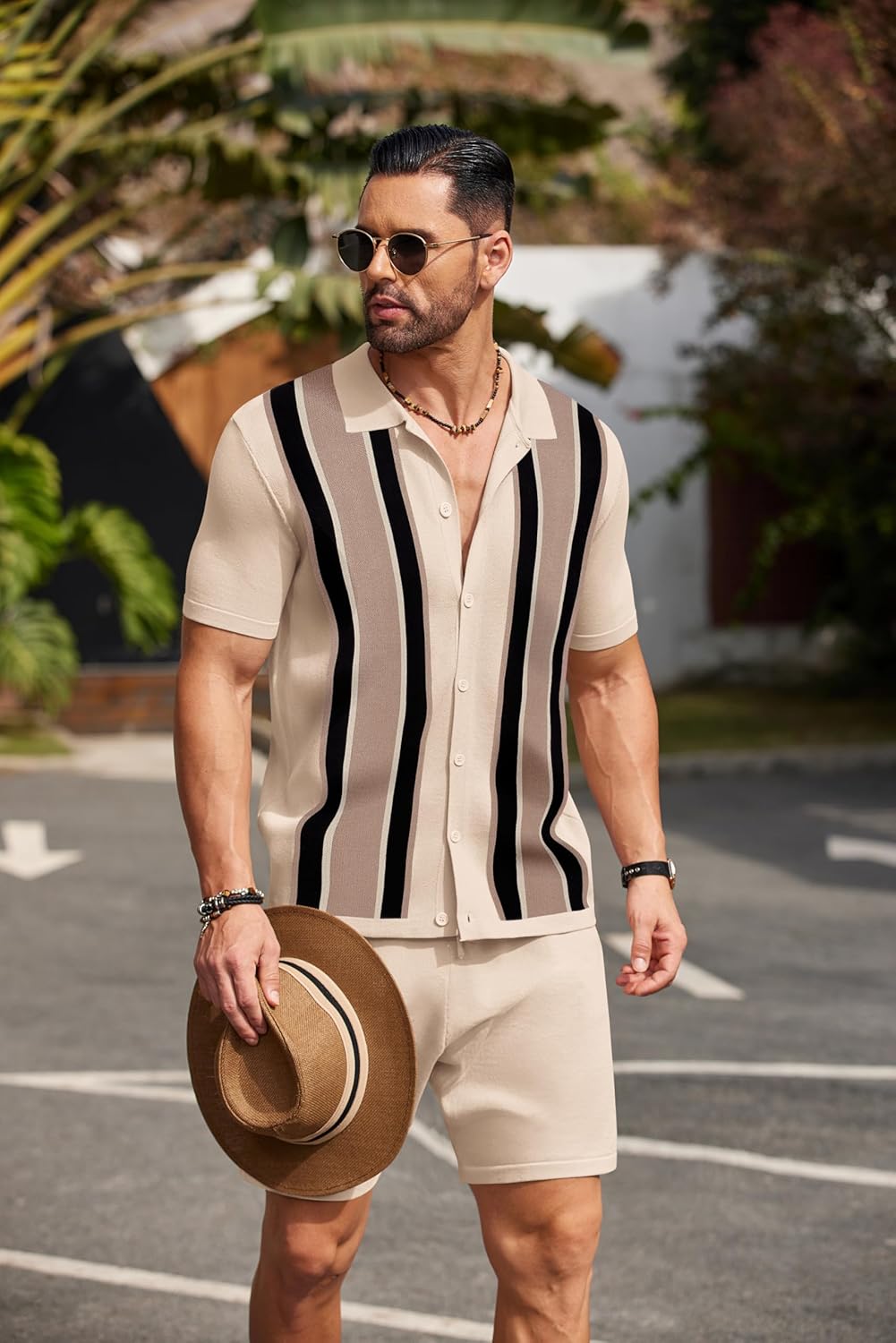 COOFANDY Men's 2 Piece Outfit Vintage Short Sleeve Button Down Knit Polo Shirts Casual Beach Shorts Sets - Image 2