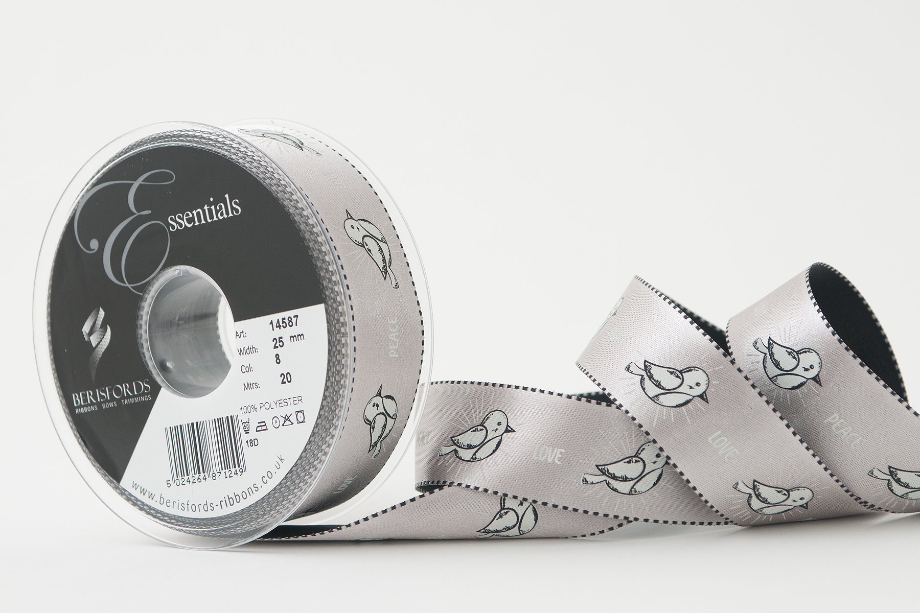 Berisfords Peace Chick Ribbon, Polyester, Silver/Grey, 25 mm