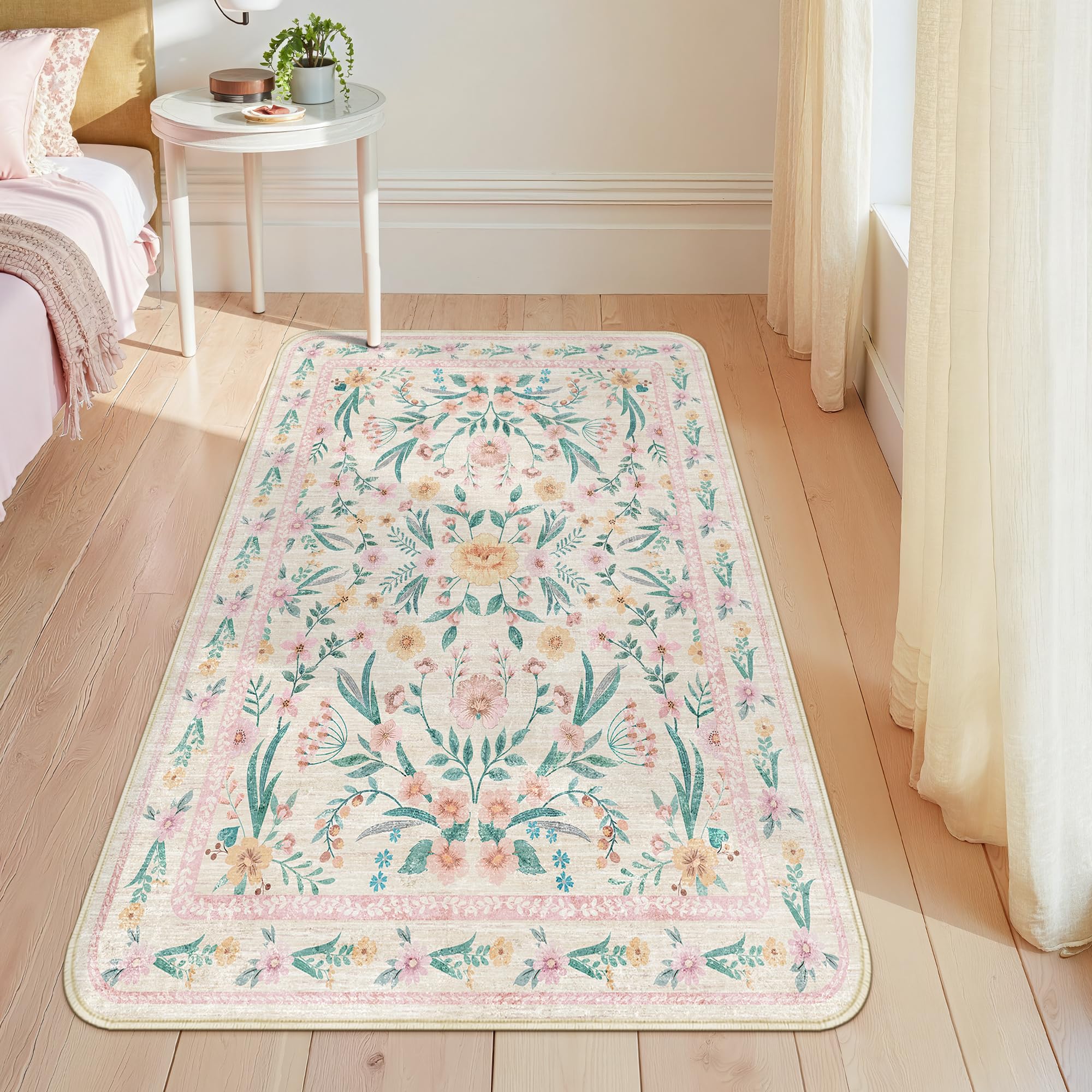 Photo 1 of Dadasgk Pink Floral Rug 3x5 for Girls Bedroom, Washable Non-Slip Nursery Rug, Soft Cute Cottagecore Area Rug for Kids Room, Playroom, Dorm