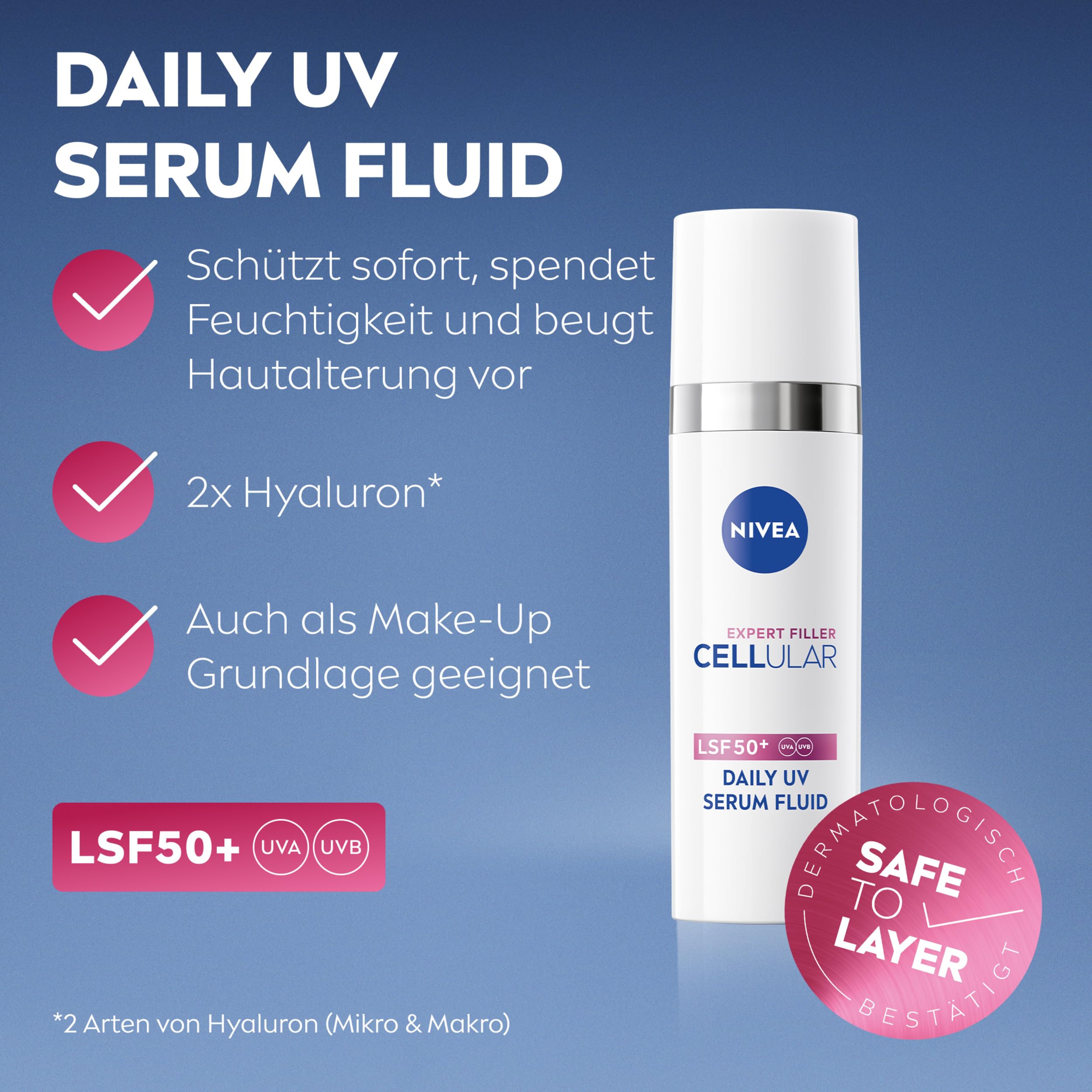NIVEA CELLULAR Serum Routine Set mit Hyaluron-Serum und UV-Serum Fluid mit LSF 50, tägliche Gesichtspflege für geglättete Falten, leichte und schnell einziehende Formel (Packung mit 2)
