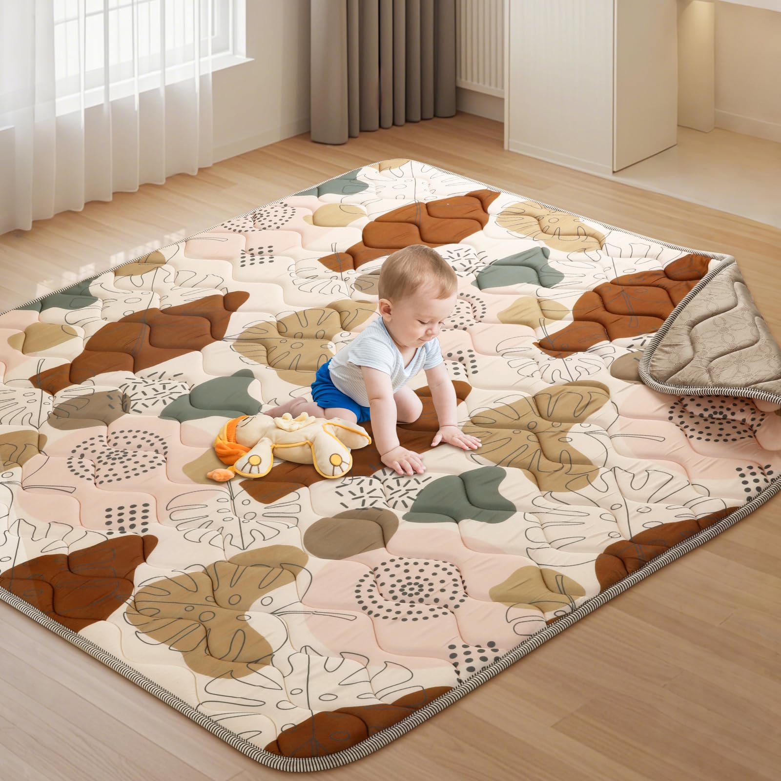 Tuocal Baby Spielmatte 127x127cm Krabbelmatte, Dicke Weiche Polsterschaum Krabbeldecke für Babys und Kleinkinder, Anti Rutsch Matte Faltbare & Maschinenwaschbare Baby Spieldecke für Laufgitter, Boho