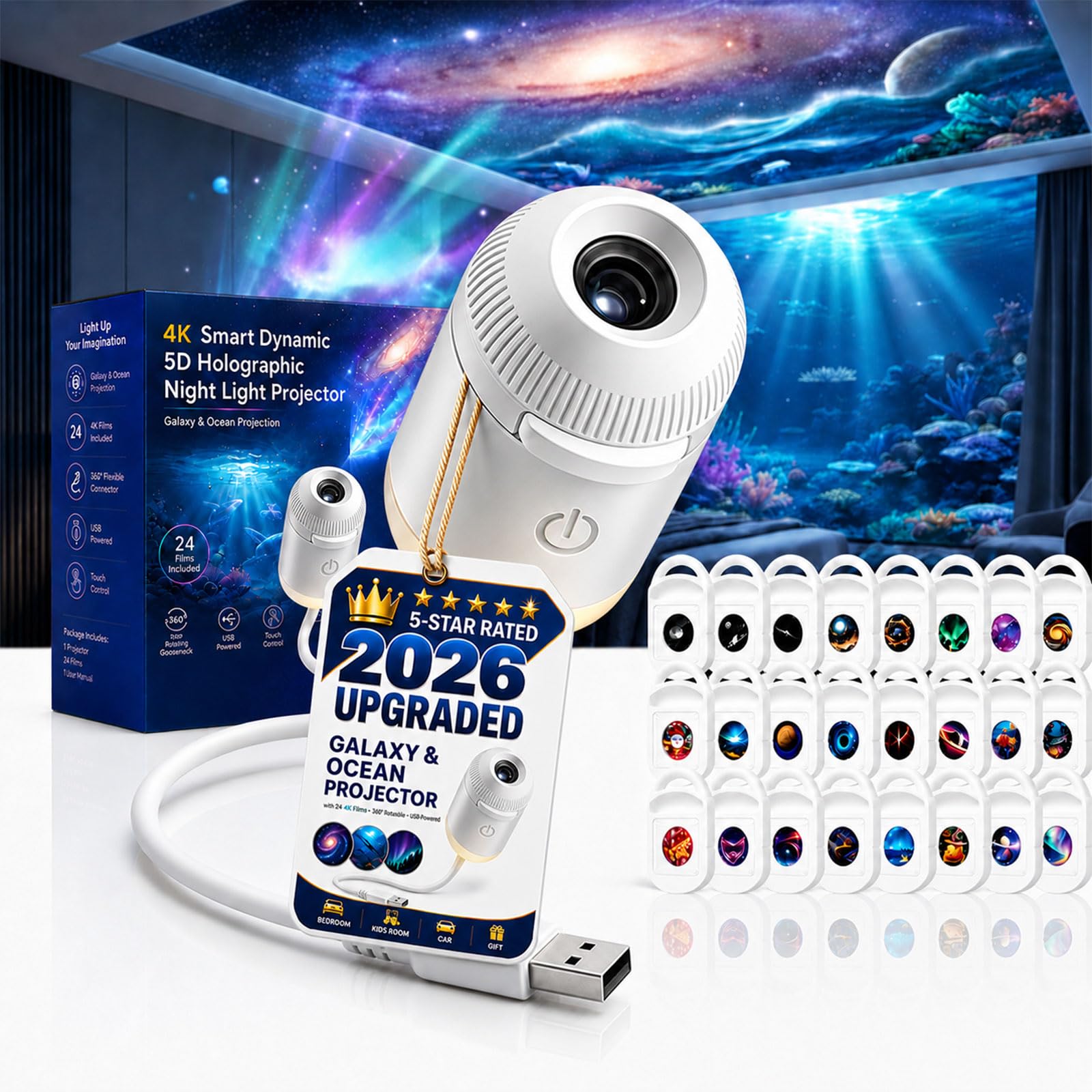 HD Smart Dynamic 5D Holographic Night Light Projector, Plug and Play 2-in-1 Galaxy Star and Ocean Projector with 24 Films, 360 Rotating USB Powered Ceiling Light for Bedroom Decor，24 Films