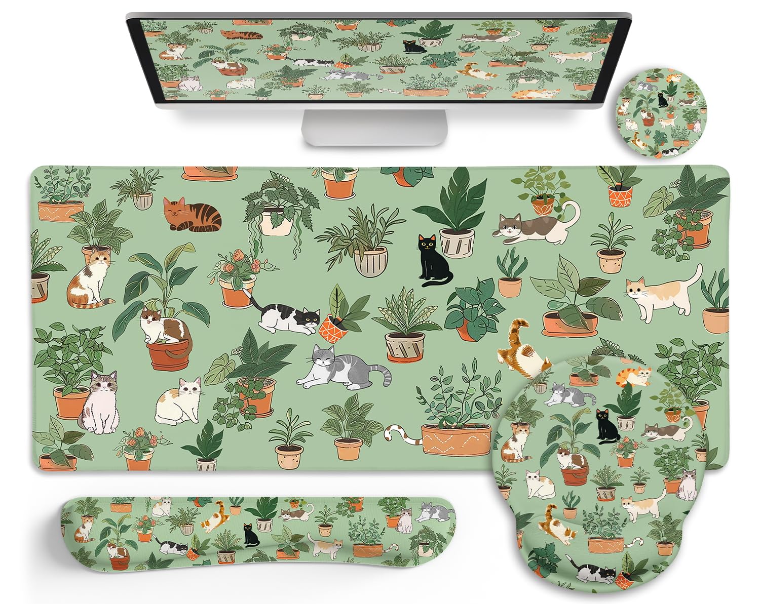 LIMKRIAN Cat XXL Ergonomic Mouse Pad Set with Wrist Rest, Green Gaming Mouse Pad Keyboard Mat Cup Coaster Set Cute Office Desk Decor Accessories — image 1