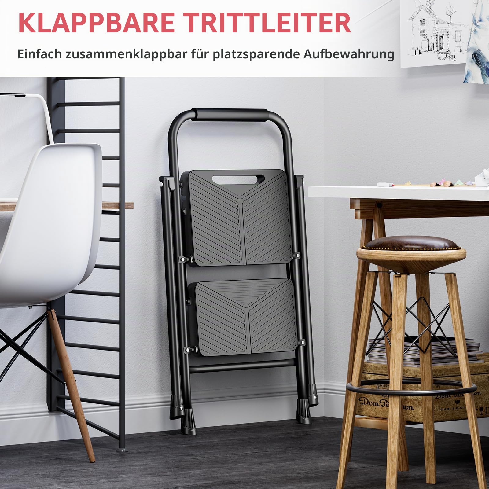 KINGRACK Trittleiter 2 Stufen Klappbar mit Sicherheitsschloss, Anti-Rutsch-Stabilem Klappleiter Tritthocker 150kg Belastbar, Leiter mit Handläufen für Zuhause, Büro, Garten, Küche, Schwarz