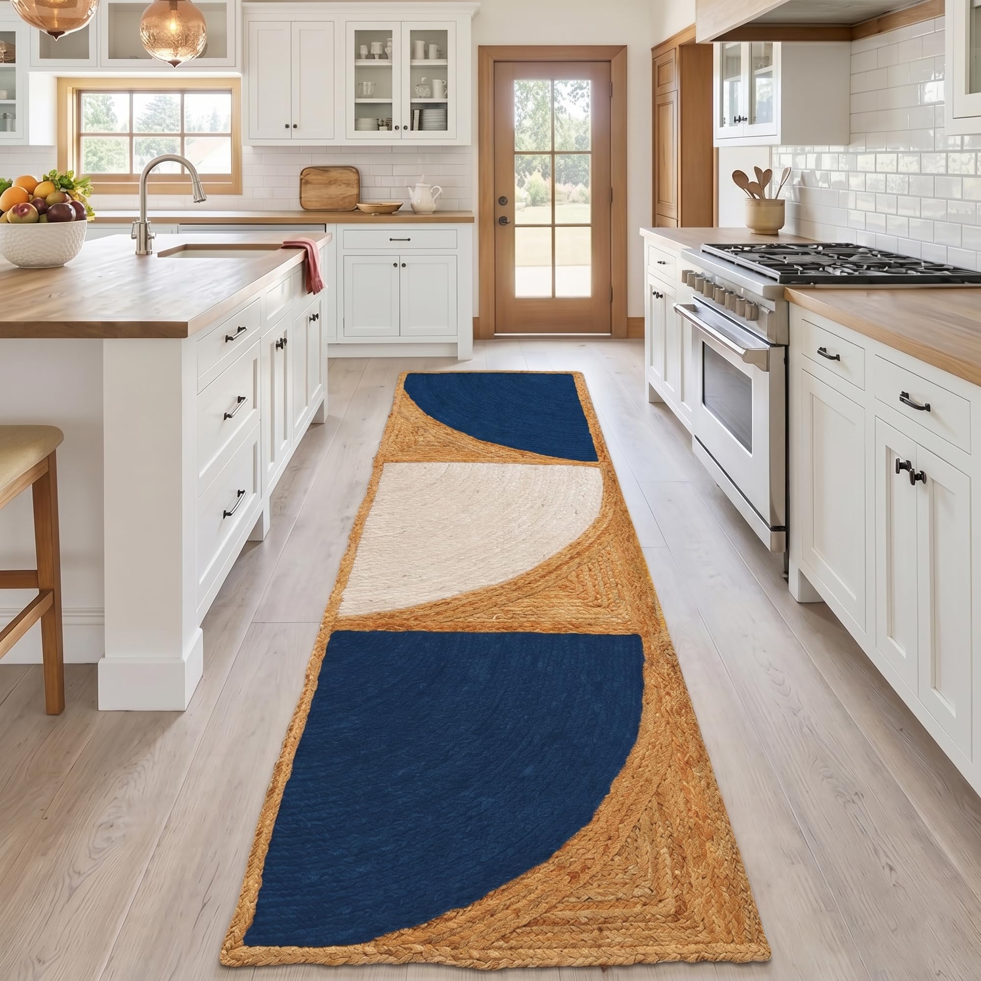 Tapis de couloir géométrique en jute naturelle tressée bleu 0,8 x 4,9 m