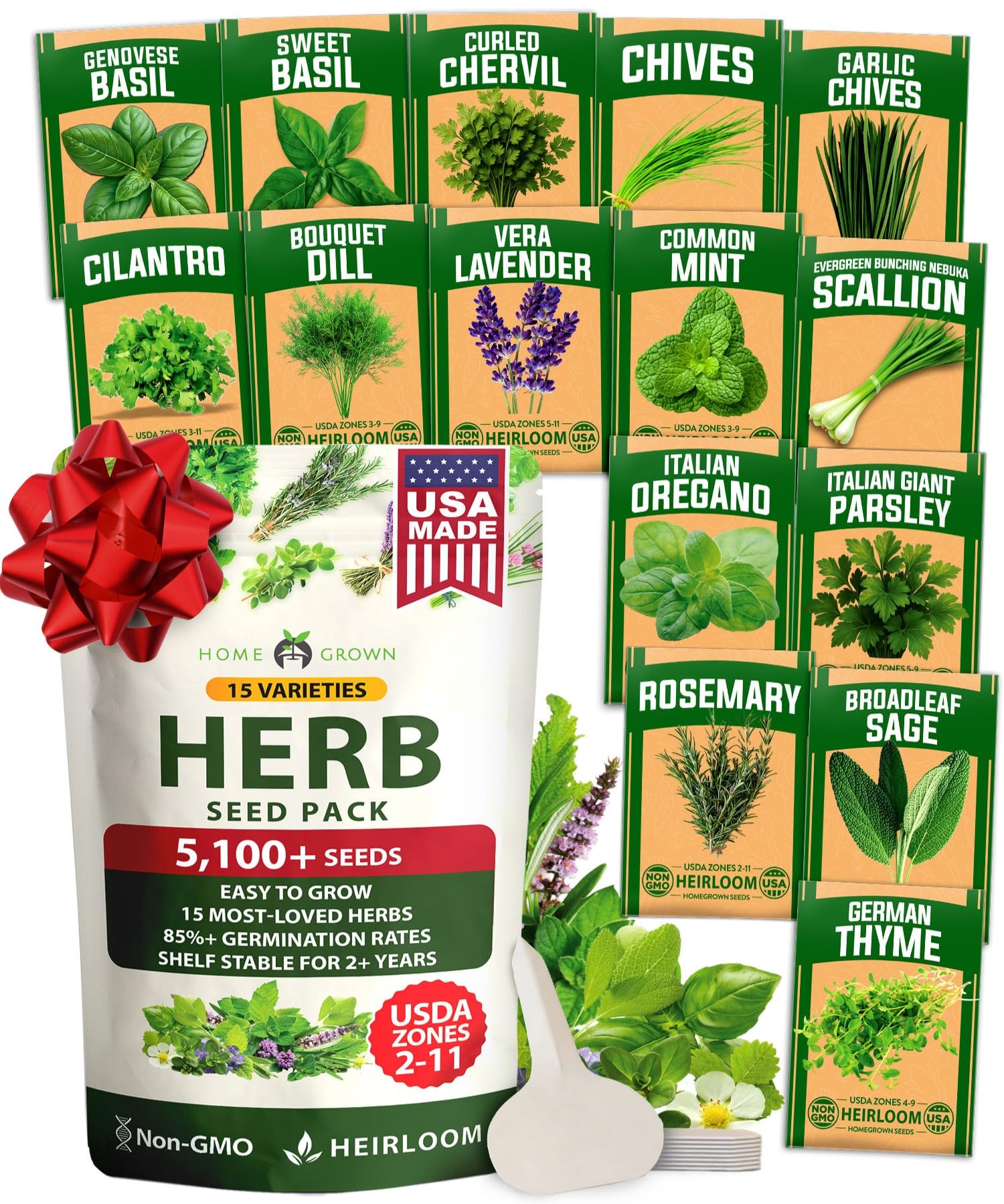 HOME GROWN 15 Herb Seeds for Planting 4,500+ Non-GMO Heirloom Seeds | Extra Large Variety Pack Herb Kit – Indoor Outdoor & Hydroponic | Culinary Seed Set | Grow Your Own Herbs | Gardening Gift