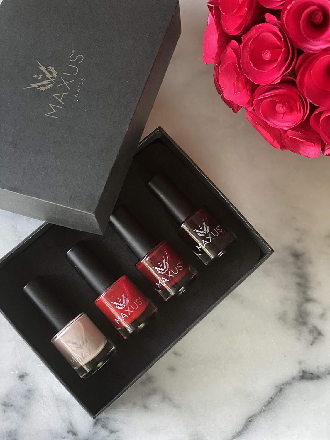 Maxus Nails Nail Polish Set - Non Gel Nail Polish Gift Box with Lasting Shine, Easy Removal, and Strengthening Benefits - 4 Classic Colors Nail Polish - Made in USA (9 Free and Vegan)