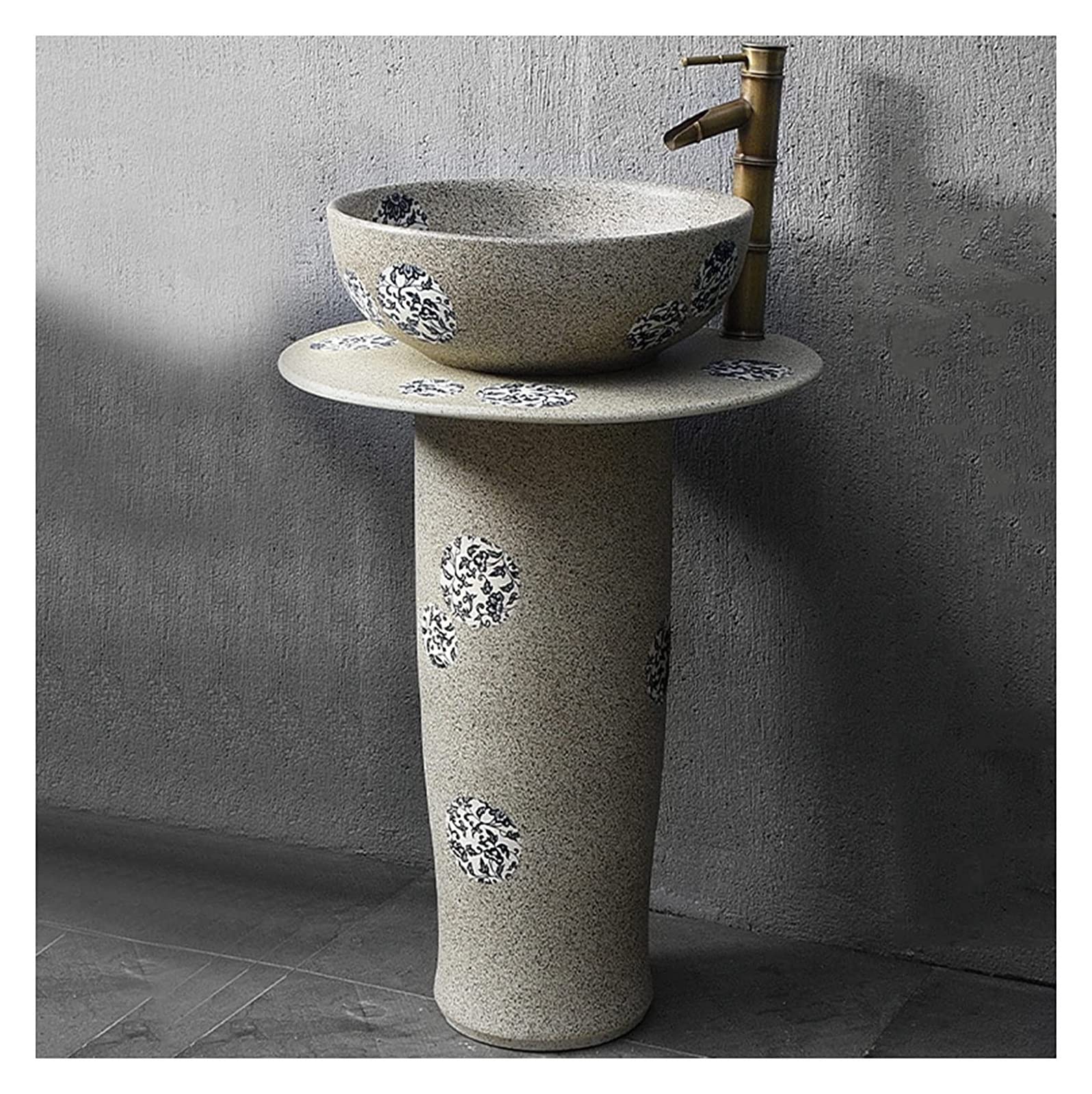 WDSOPK Freestanding Pedestal Sink Hotel Art Basin, Bathroom Freestanding, Sink, Kaolin Clay with Drain Installation Hole, for Indoor and Outdoor (B Without Mirror)