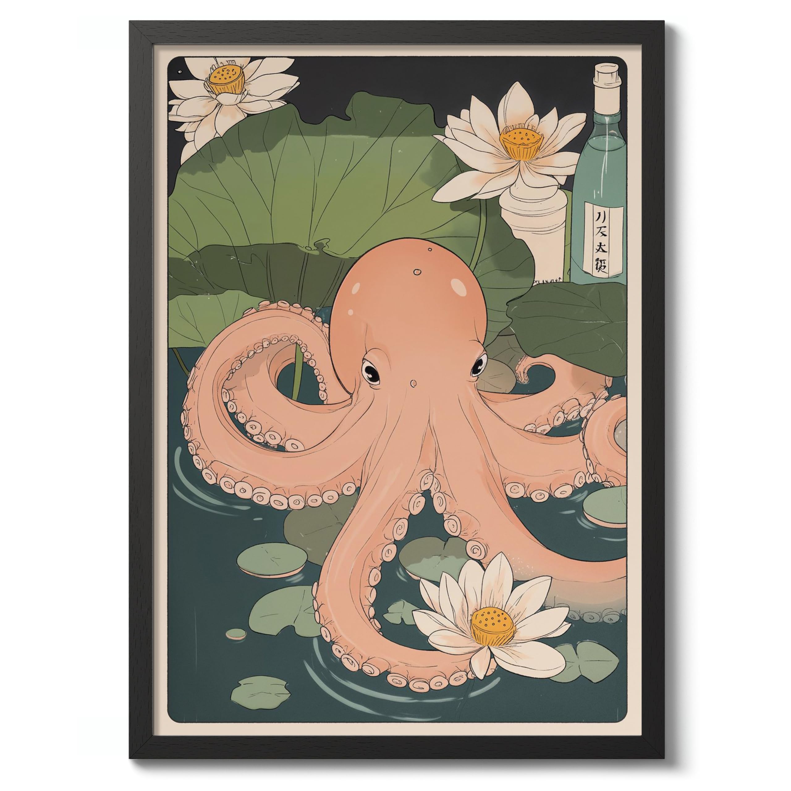 Octopus Anime Animal Poster, Funny Bathroom Wall Art Print, Manga, Bathroom Wall Art, Toilet Decor, A4 (Black Frame) - 32.7x24.1cm