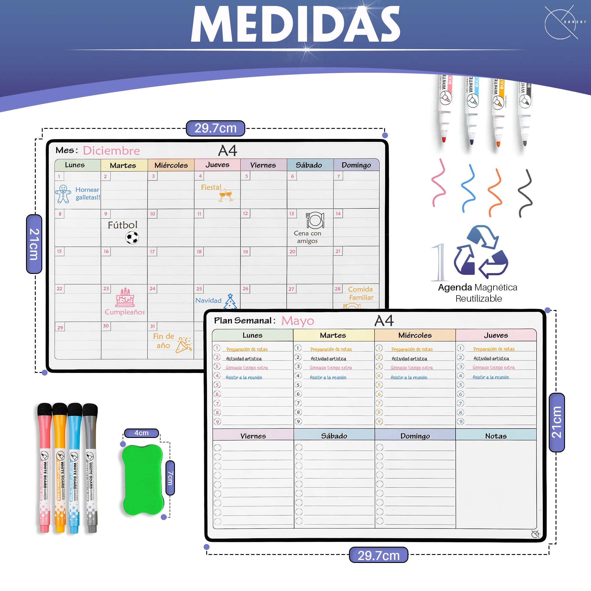 Calendario Magnético Nevera Planificador Mensual o Semanal + 4 Rotuladores y 1 Borrador de Regalo | Opciones en Tamaños A4 y A3 | Ideal como Organizador Semanal (MENSUAL A4)