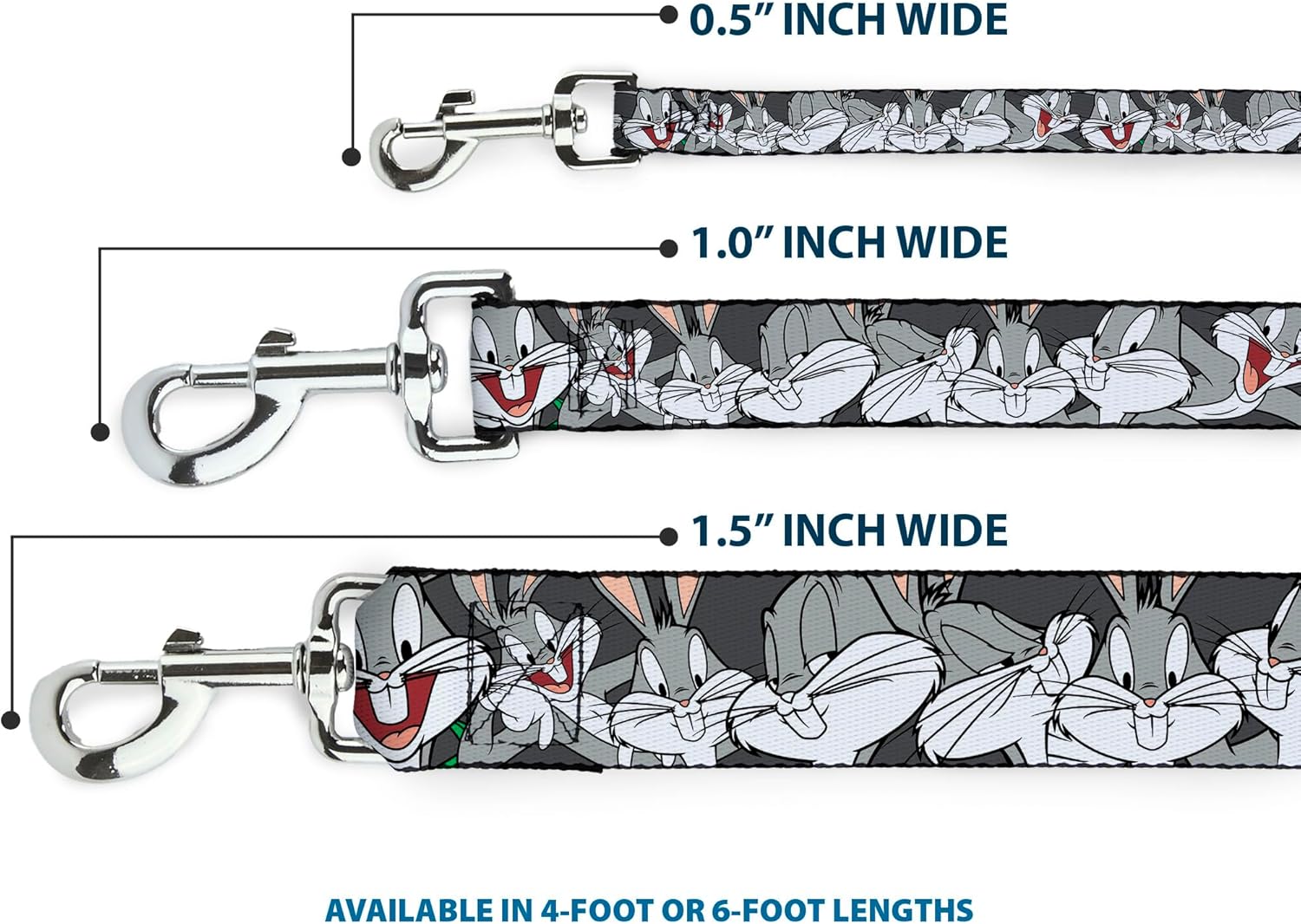 Dog Leash Bugs Bunny Close Up Poses Charcoal 6 Feet Long 1.0 Inch Wide