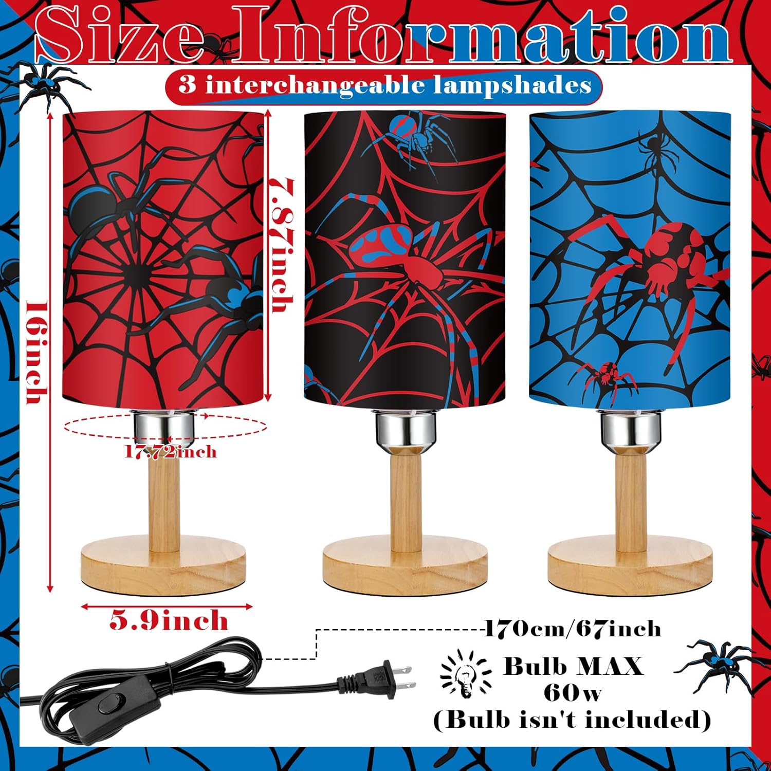 Tujoe 3 Pcs Interchangeable Spider Bedside Table Lamp Fabric Nightstand Table Lamp for Kids Room Desk Reading Bedroom Night Stand Decor Children's Birthday Christmas Gifts for Girls and Boys