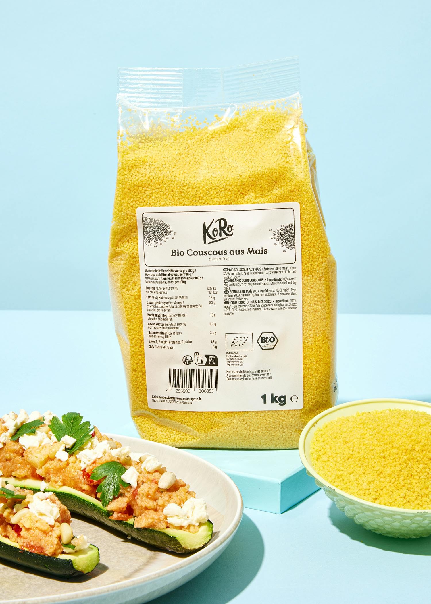 KoRo - Glutenfreier Bio-Couscous aus Mais 1 kg - Hergestellt aus 100% Mais - Für süße und herzhafte Gerichte - Vegan - Glutenfrei
