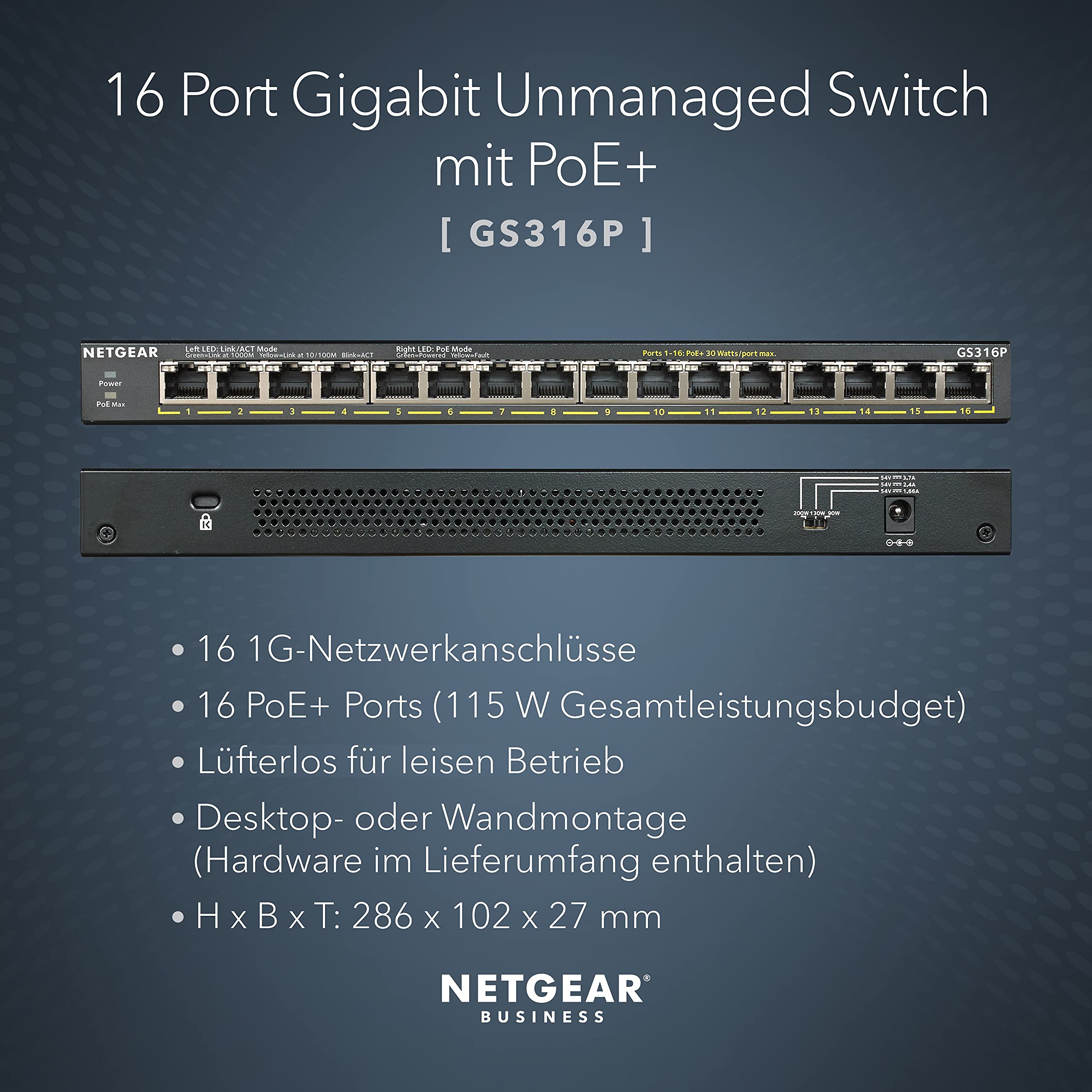 Netgear 16-Port Gigabit Ethernet Unmanaged Essentials PoE+ Switch (GS316P): Mit 16 x PoE+ bei 115 W – Bild 2
