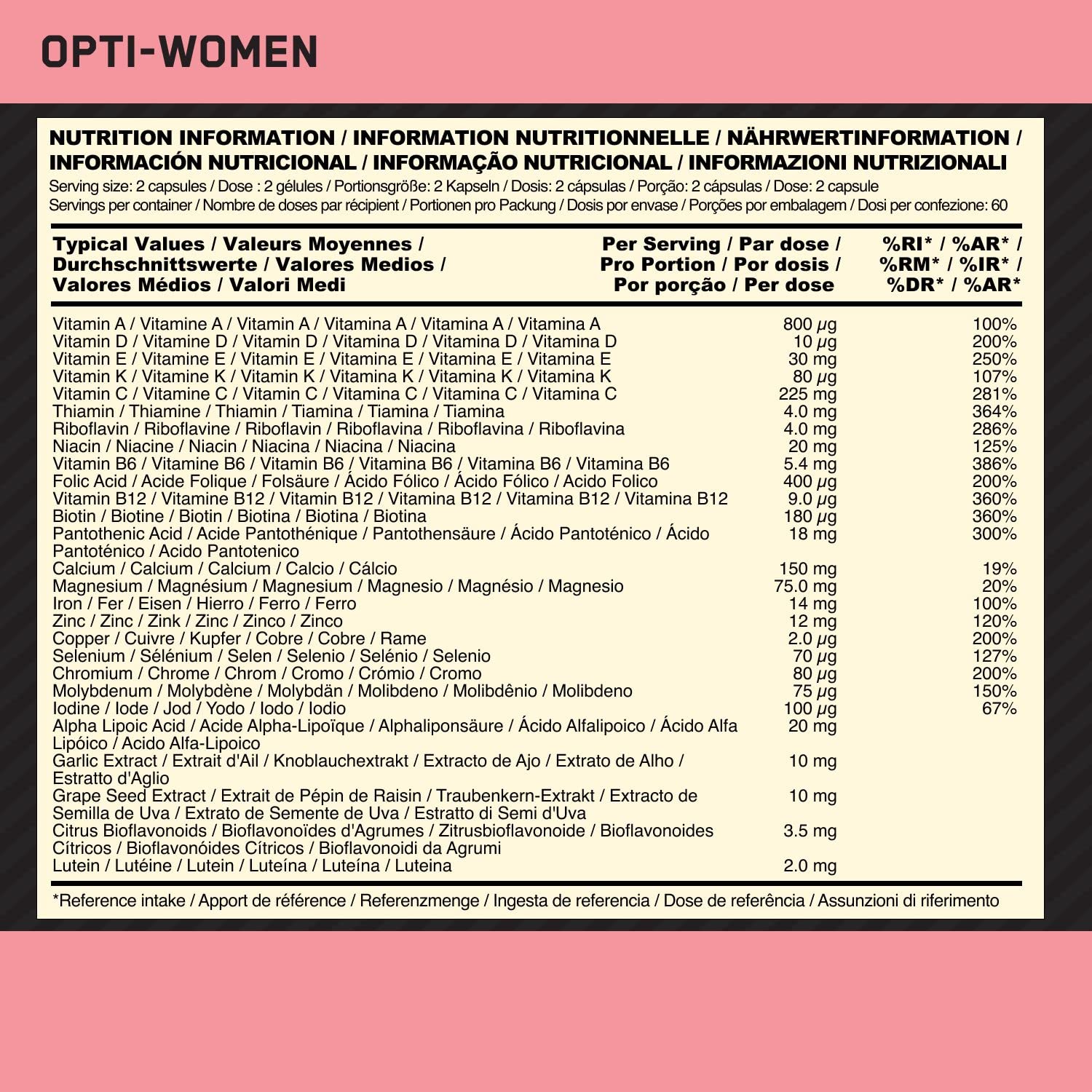 Opti-Women Multi-Vitamin Optimum Nutrition – suplement dla kobiet, zawiera witaminy i minerały, bez dodatków smakowych, 60 porcji, 120 kapsułek