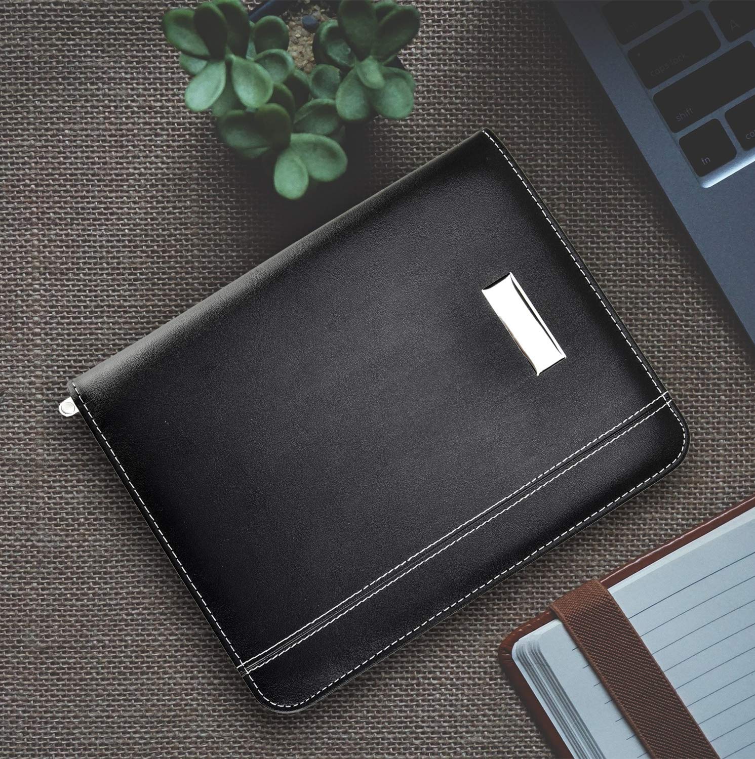 Portefeuille Conférence Similicuir Noir A5 – Avec Bloc-notes, Calculatrice, Porte-stylo – Pour Réunions, Voyages D'affaires