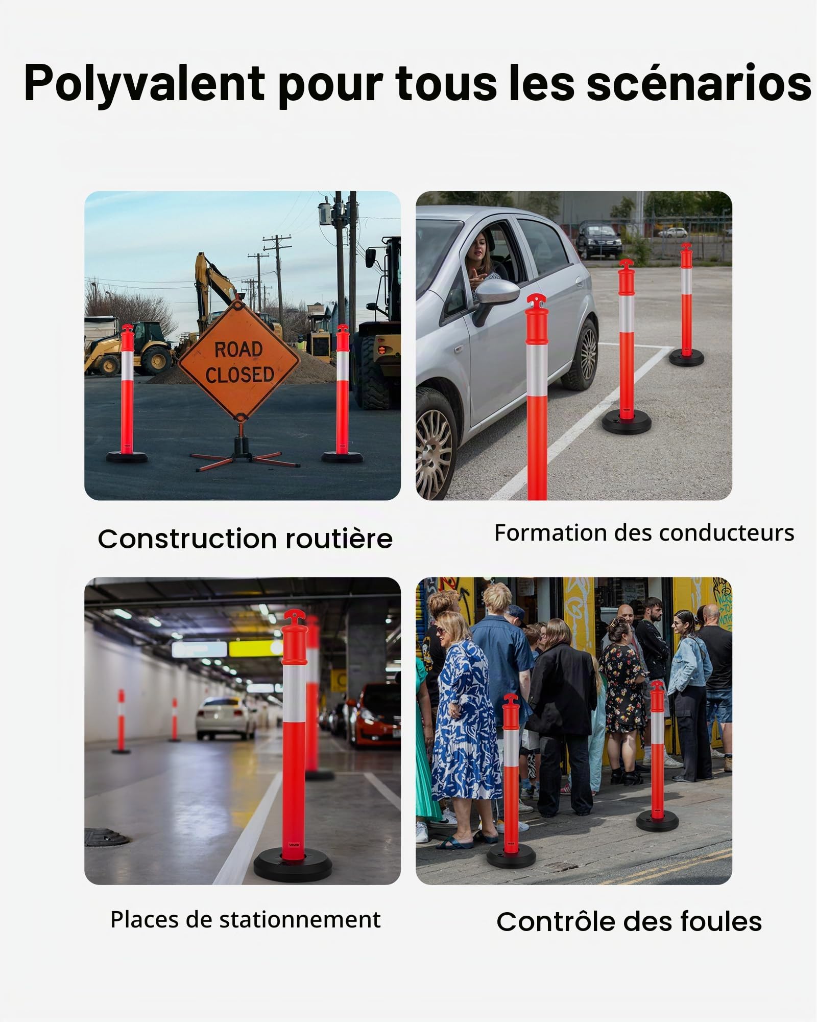 VEVOR Poteau de Signalisation 9PCs 114 cm, Balise de Délimitation avec Base Remplissable et Bandes Réfléchissantes, Délinéateur de Circulation pour Contrôle des Foules, Chantier Parking, Rouge