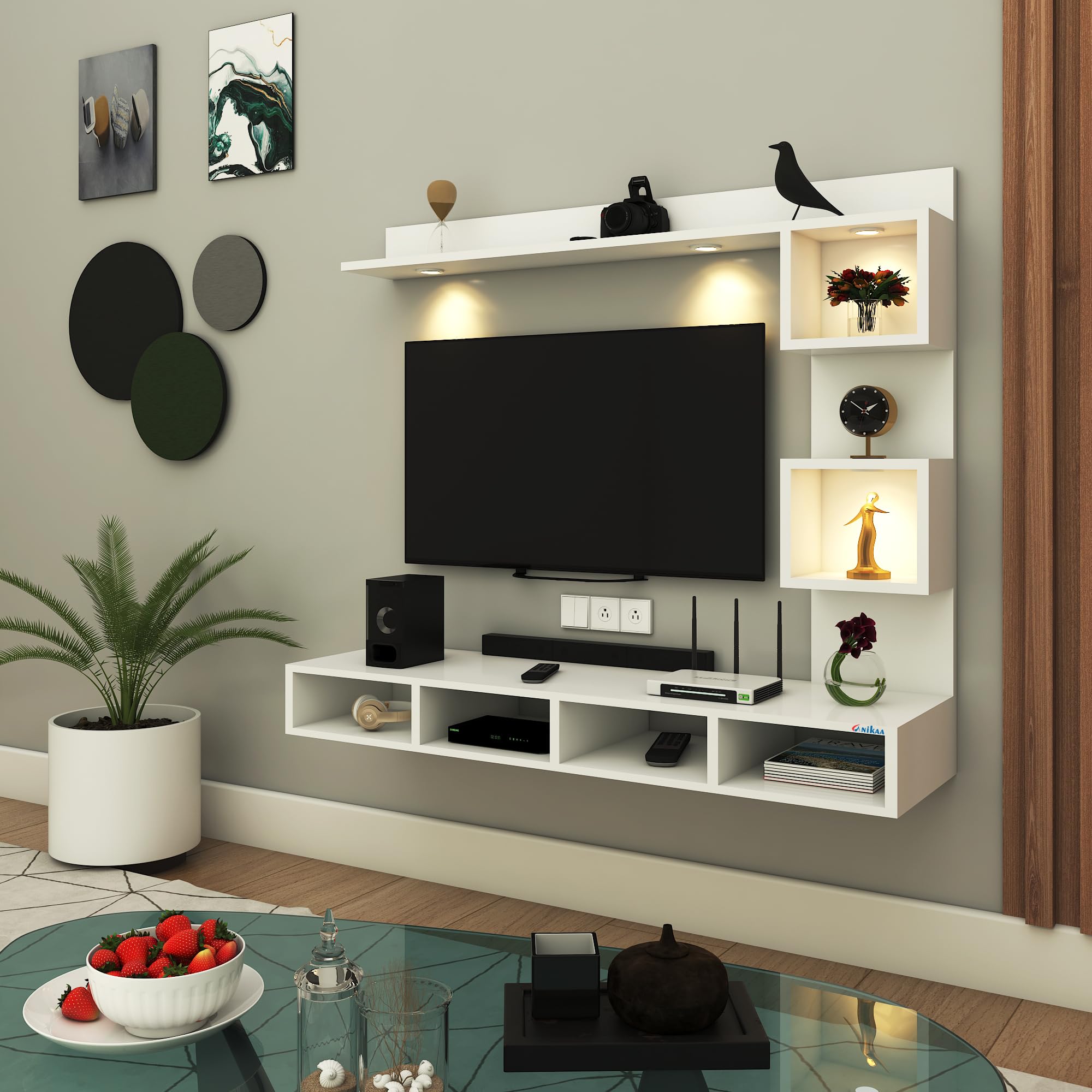 Anikaa Kirina Engineered Wood Wall Mount TV Unit with LED Lights TV Cabinet TV Entertainment Unit Set Top Box Stand (White) (Ideal for 43 Inch)(D.I.Y)