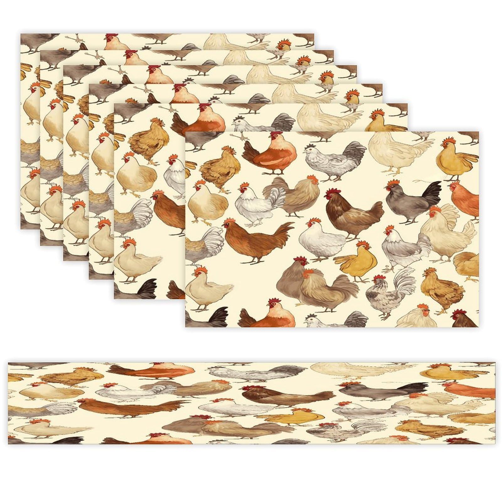 A Brood of Chickens Table Runner and Placemats Set of 6 Wipe Clean Heat Resistant Table Mat with Table Runner Decorations Flax Linen Place Mat Set for Home Kitchen Party Supplies