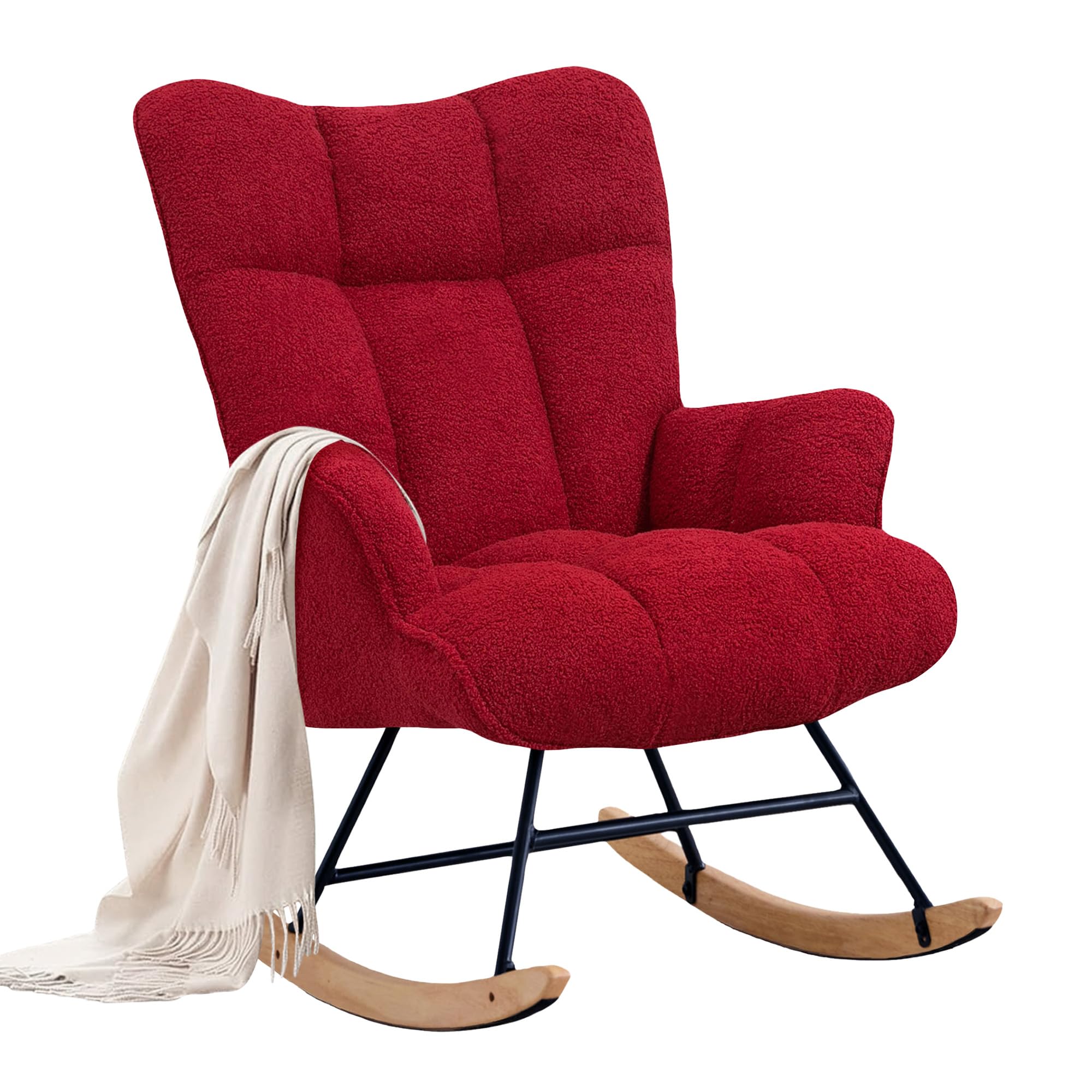 XH.Easy Go Rocking Chair Nursery Teddy Upholstered Glider Rocking Accent Chairs Padded Seat with Rubber Wood Legs Armchair Comfy Side Chair for Living Room Bedroom Offices (Burgundy)