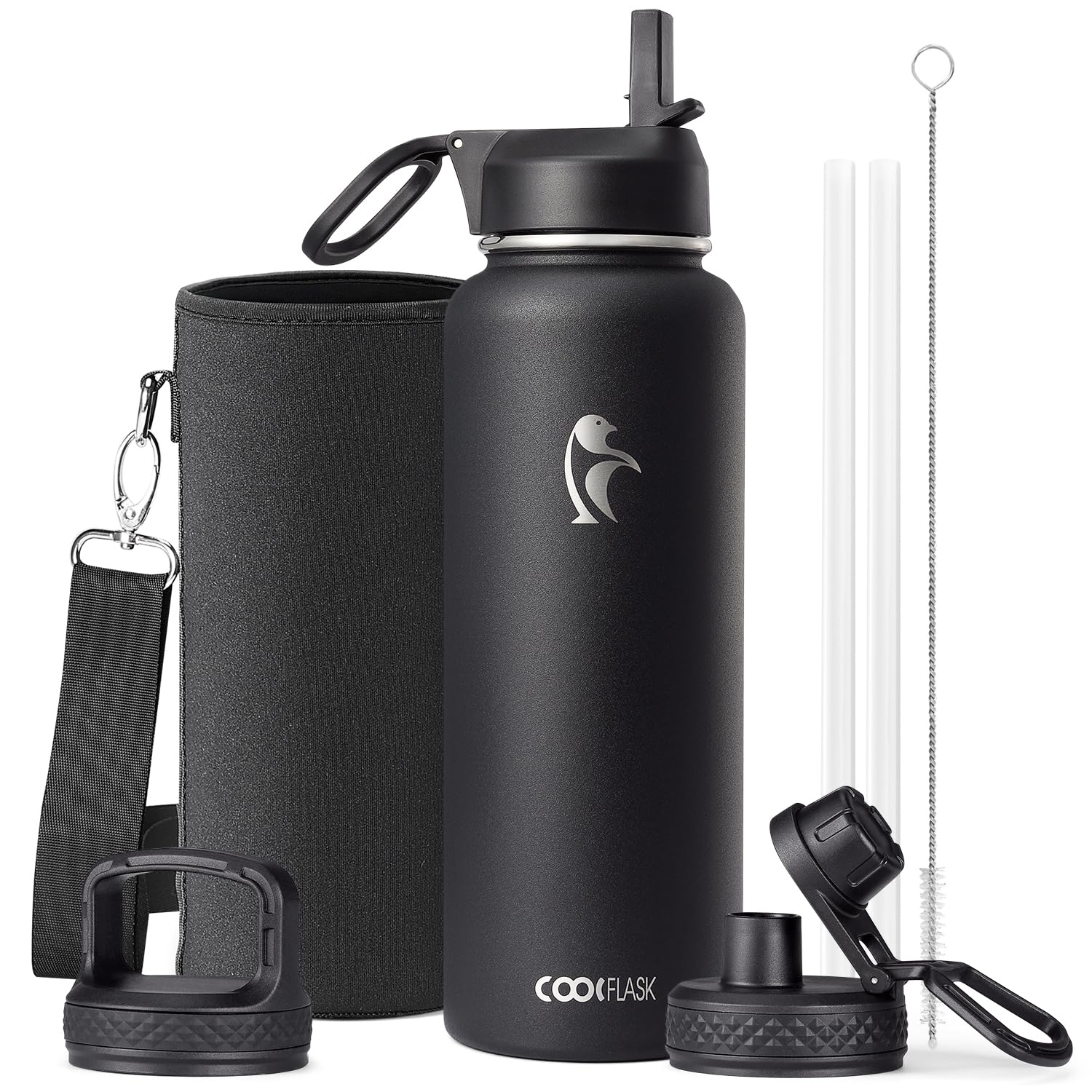 Water Bottle 40 oz Insulated with Straw&Brush, Coolflask Vaccum Stainless Steel Metal 3 Lids Water Flask for Sports, Gym or Office, Keep Cold 48H Hot 24H, Magic Black โ image 1