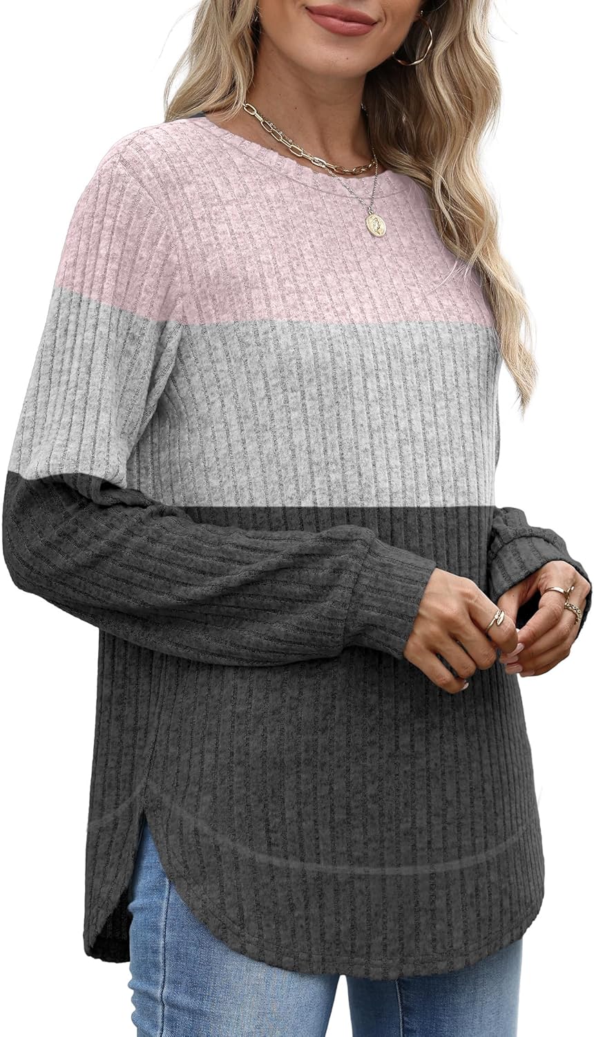 OFEEFAN Tunic Tops for Women Loose Fit Dressy Long Sleeve Shirts Womens Sweaters Crew Neck Fall Clothing with Curved Hem - Image 3