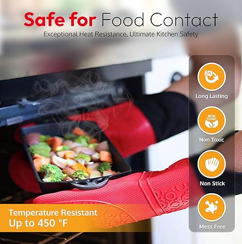 Miniatura 4 de Juego de guantes de horno de silicona, guantes de horno extralargos resistentes al calor con acolchado de algodón, guantes de cocina para cocinar,