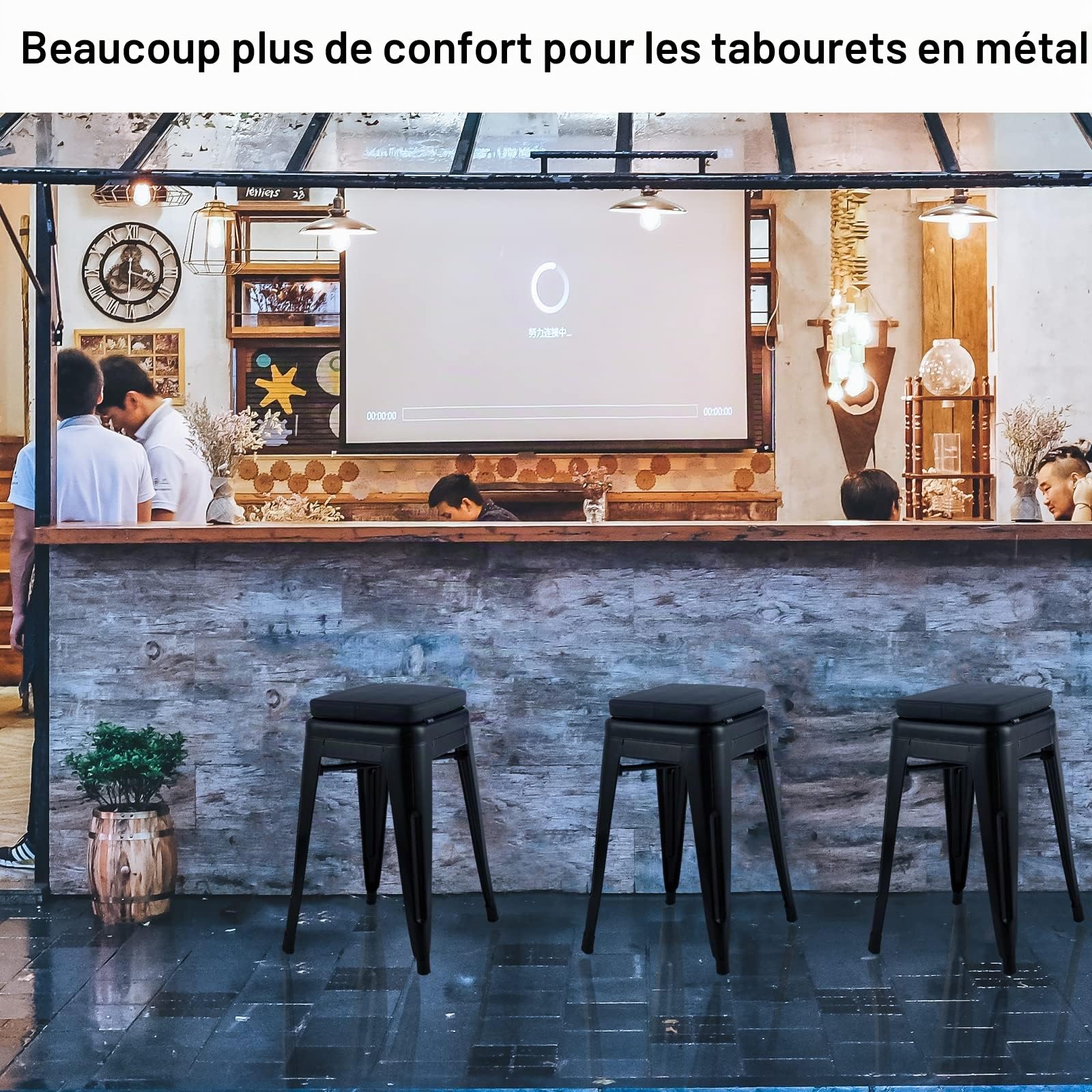 BUYUE Lot de 4 Coussins de Tabouret de Bar magnétiques antidérapants et empilables en Cuir synthétique de Luxe - pour café, bistrot - Carré, Noir, 4