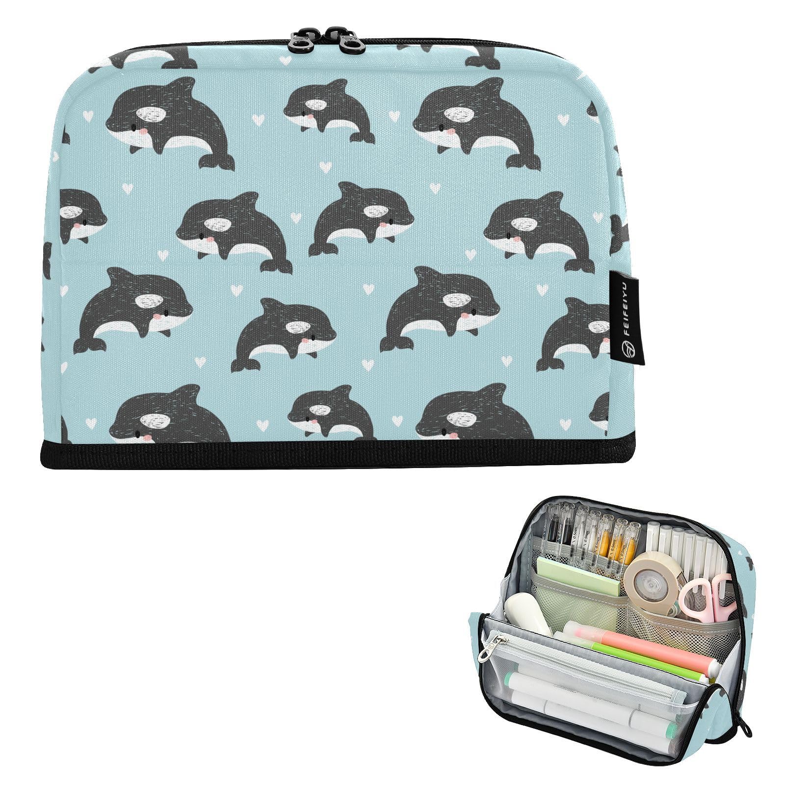 Cute Cartoon Killer Whale Large Capacity Pencil Case for Girls Boys Pen Pouch Pencil Bag Zipper Stationery Pen Bag for School College