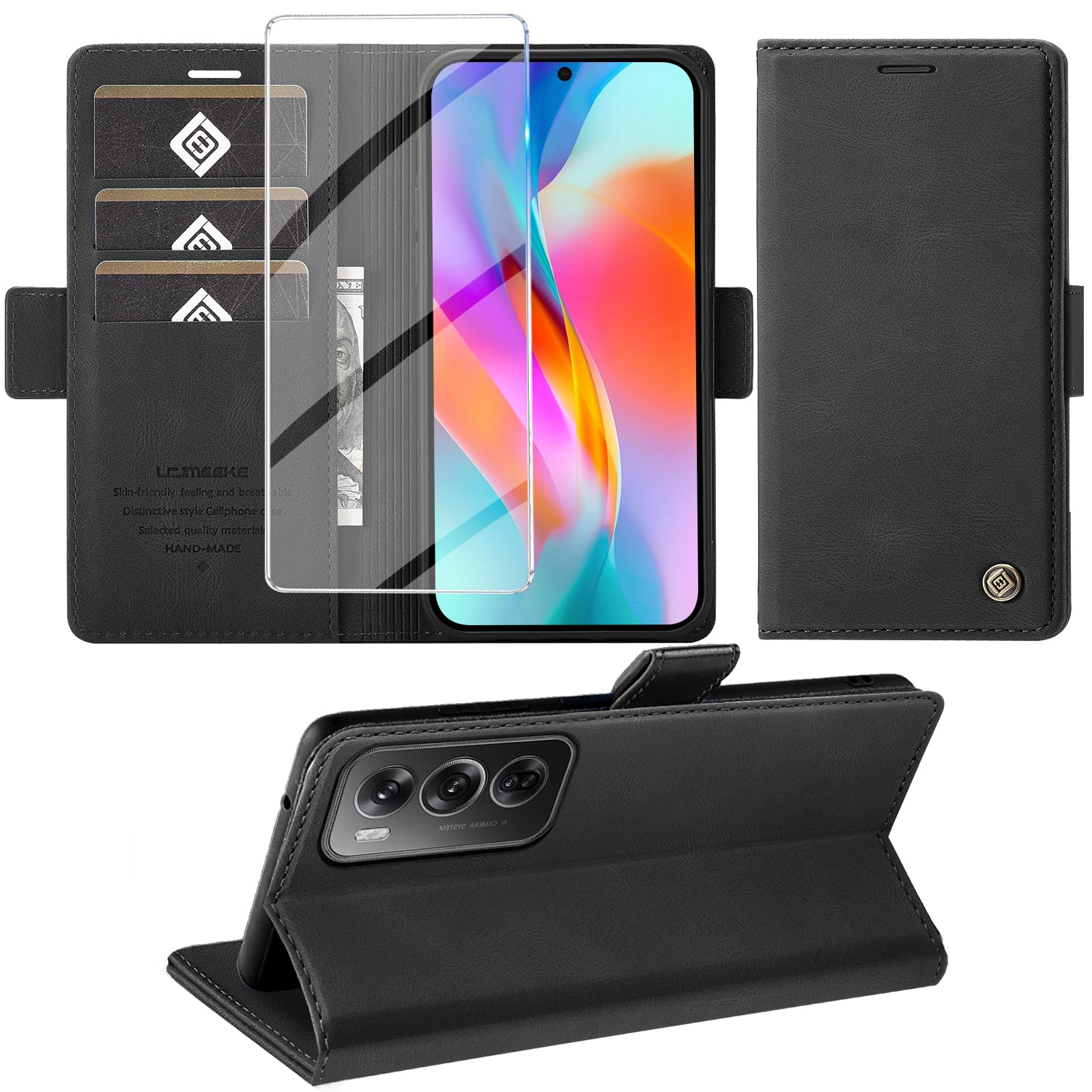 Giyer Cover per OPPO Reno12 Pro 5G Custodia con Vetro Temperato, Premium Pelle PU Portafoglio Slot per Scheda RFID Antifurto Funzione Supporto Flip Case, Antiurto per OPPO Reno12 Pro Cover (Nero)