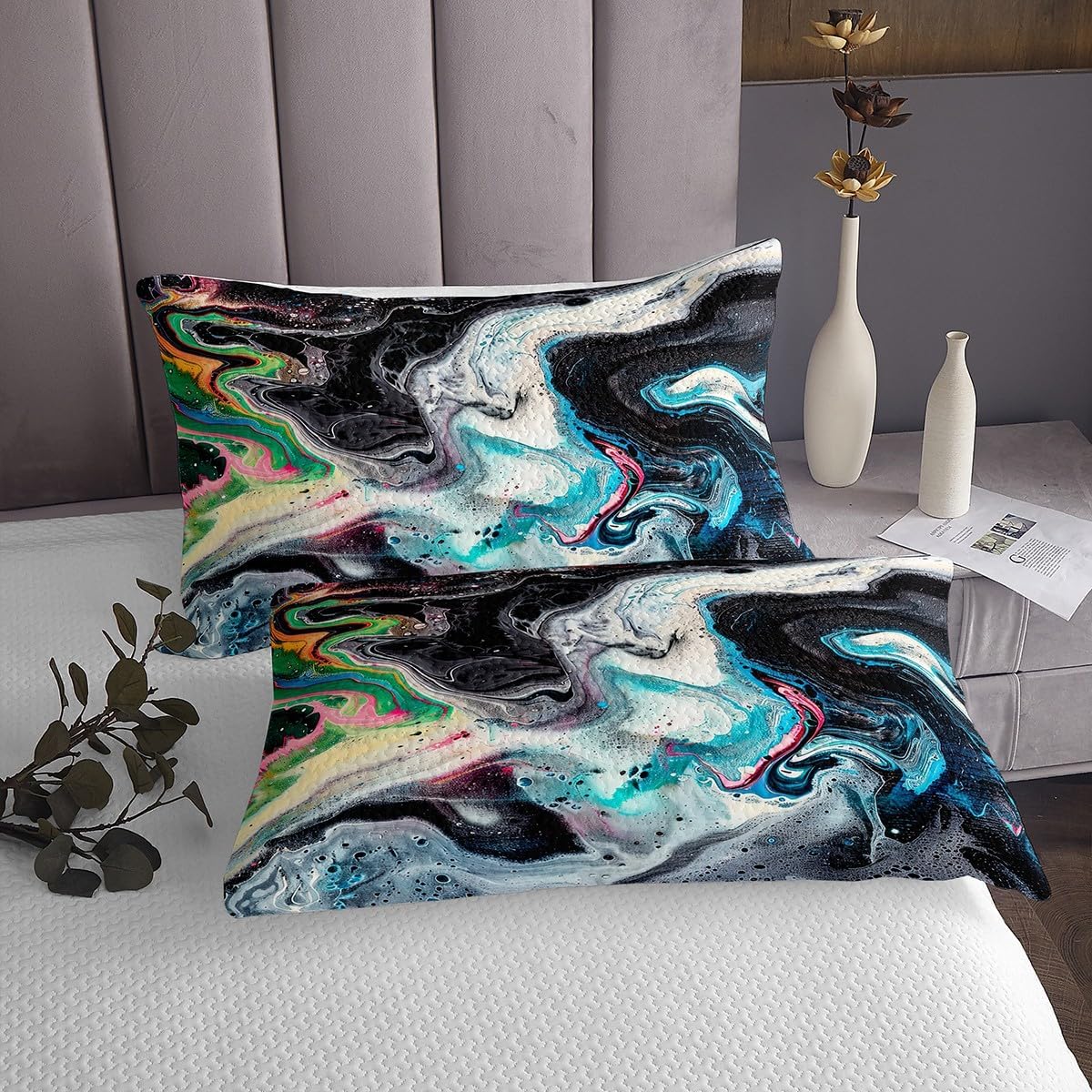 Erosebridal King Size Marble Bedspread Black Marble Quilted Abstract Marble Texture Psychedelic Pattern Coverlet Set, Watercolor King