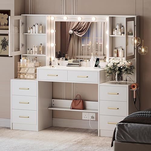 UGTOO 58.3" Large Vanity Desk with Mirror & Lights, Makeup Vanity with 10 LED Lights, 8 Metal Sliding Drawers & 2 Cabinets, White Vanity Set with Power Outlet &3 Lighting Modes Without Stool