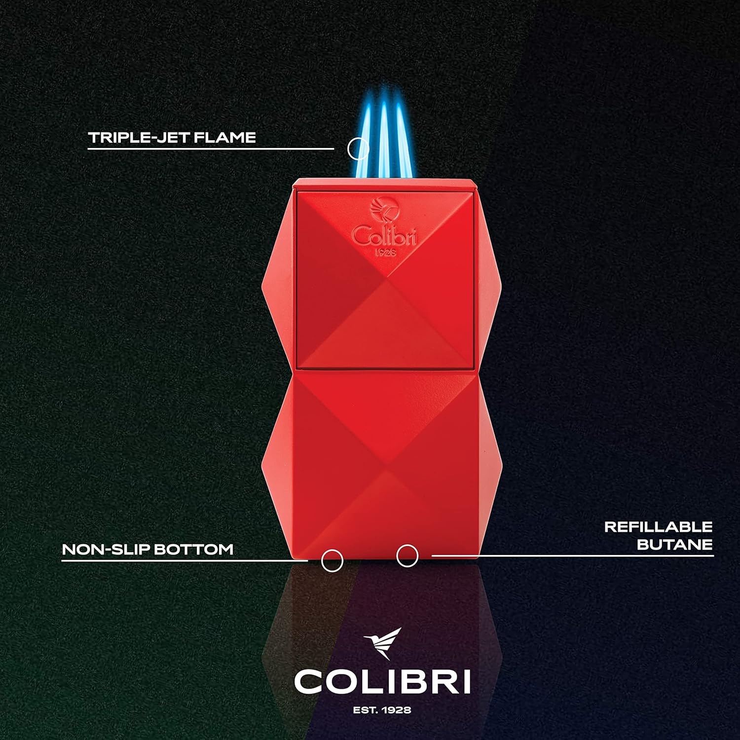 Colibri Quasar Table Triple Flame Torch Lighter, Cigar Enthusiast's Choice with Blue Fuel Window, Adjustable Flame, Non-Slip Base (Red)