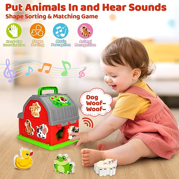 Montessori Toddler Toys for 1 2 3 Year Old Gifts, Musical Farm Animal Barn Toy for Boys Girls, Shape Sorting Fine Motor Learning Toy for Toddlers 1-2 2-3, Christmas Birthday Gift for Baby 12-18 Months