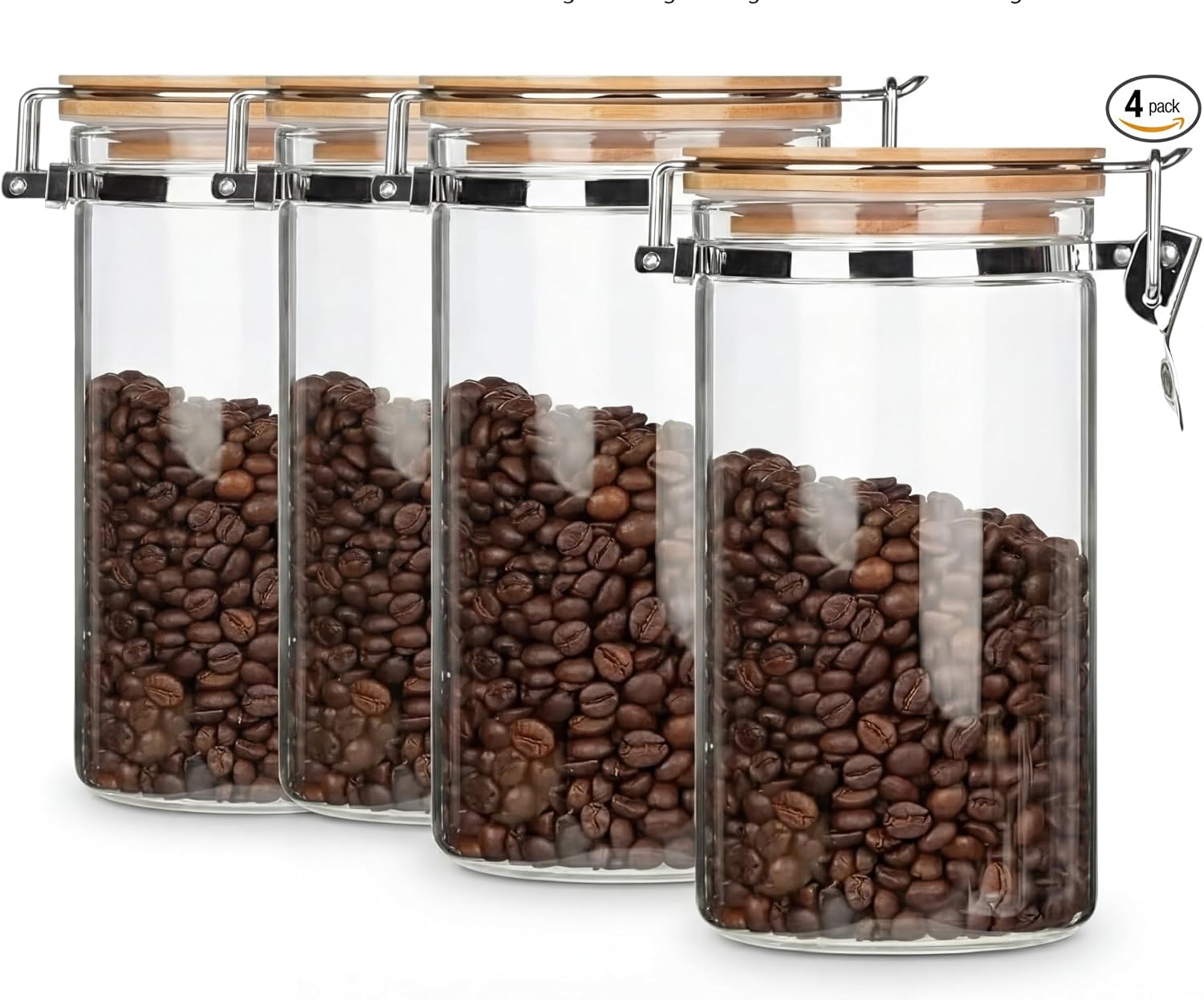 4-Pack Glass Food Storage Jars 34oz (1000ml) Airtight Canisters with Bamboo Lids & Clamp Latch – Kitchen Countertop Containers for Coffee Beans, Flour, Sugar, Dry Goods.