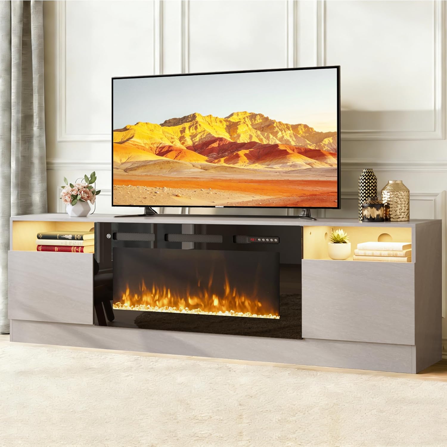 80" Fireplace TV Stand for TVs Up to 90", Entertainment Center with 36” Electric Fireplace and 12 Colors LED Lights, Large TV Console with Storage Cabinet for Living Room, Grey and Black