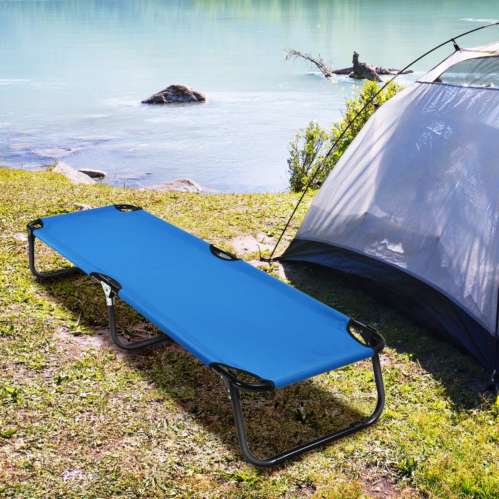 LIFEZEAL Brandina da Campeggio, Lettino Prendisole, Letto a Sdraio, Pieghevole e Portatile, Telaio in Metallo, per Giardino, Piscina, Mare, Spiaggia, Esterno, Montato, Max 100 kg, 191x56x31 cm, Blu