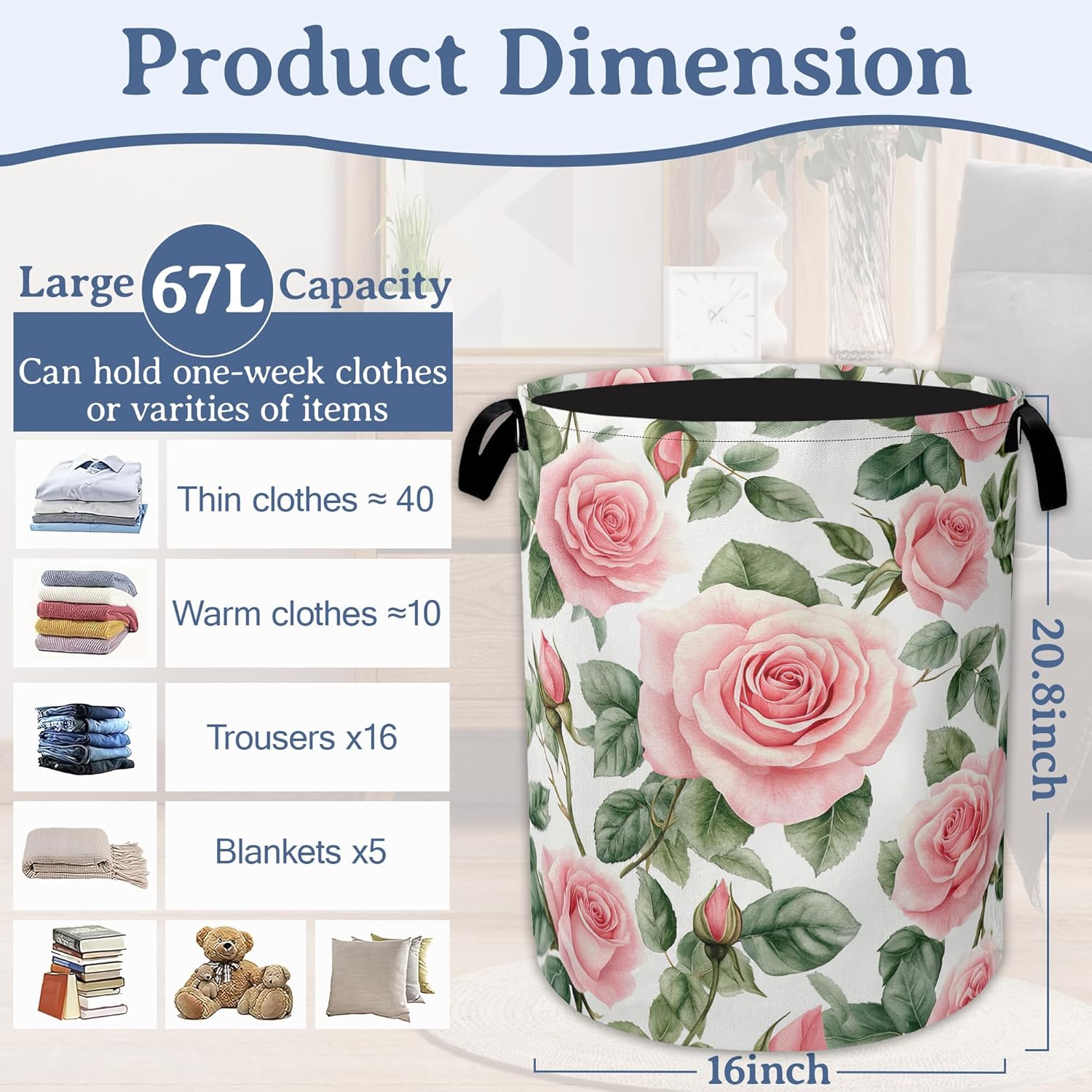 Flowers Laundry Basket,Foldable Oxford Cloth Vintage Pink Roses Laundry Hamper With Handle, 20.8"x16" Portable Clothes Storage Basket Bag for Laundry Room/Bathroom/Bedroom/Dormitories