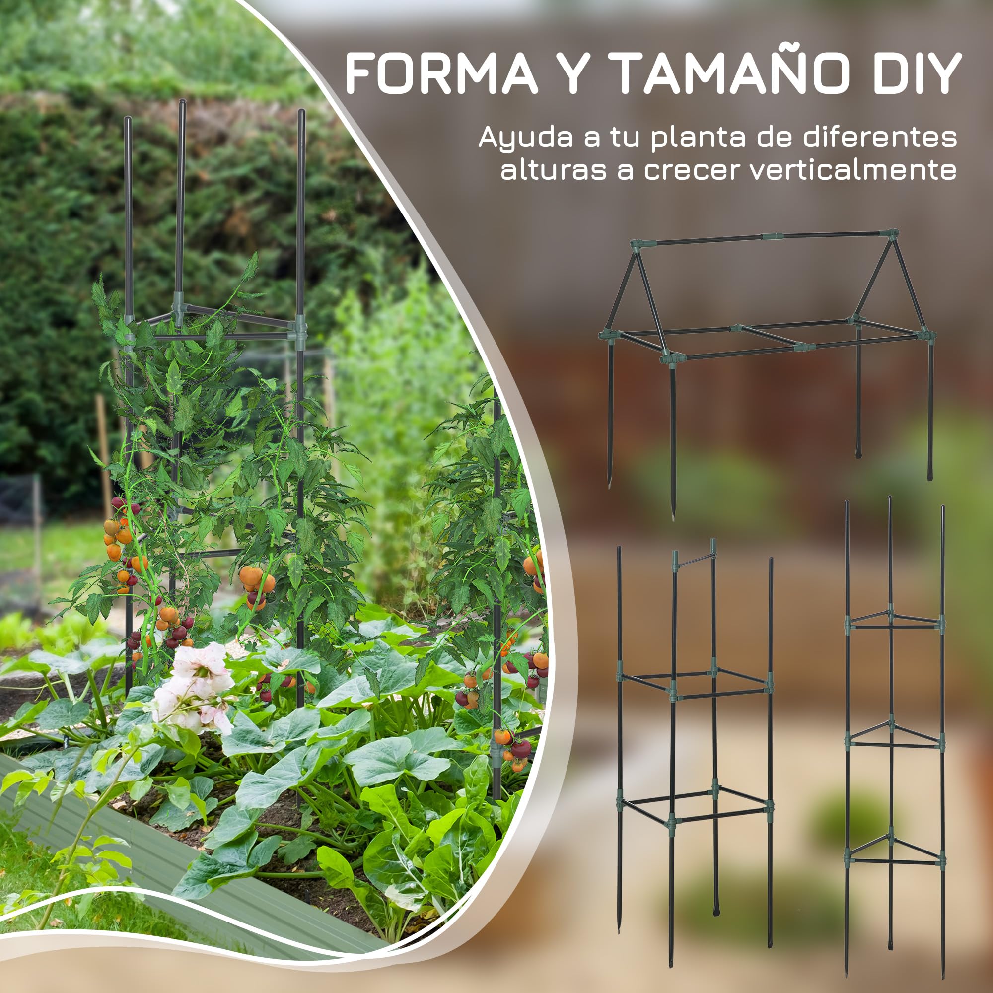 Outsunny Juego de 3 Enrejados de Jardín Soportes para Plantas Trepadoras con Marco de Acero para Frutas Verduras Flores Decoración Exterior Patio Terraza 38x38x182 cm Verde