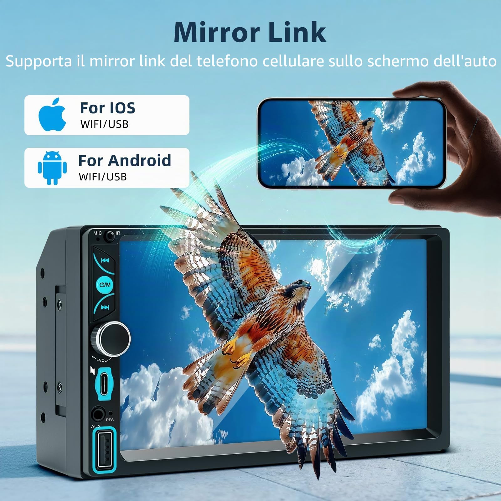 WERESOUND 2 DIN Bluetooth Car Radio with Wireless CarPlay & Android Auto | Double DIN 7 Pollici HD Touch Screen, Car Radio with Mirror Link, FM, EQ, SWC, Type-C, GPS Navigation, Rear Camera, Mic