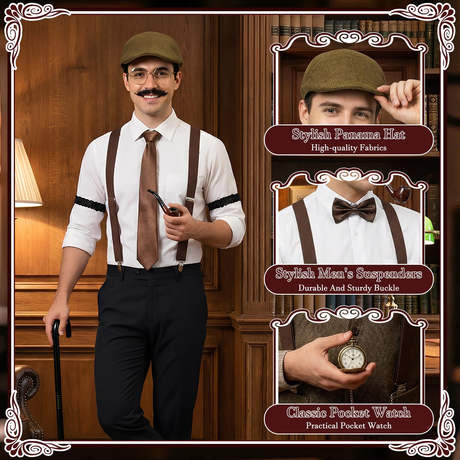 1920s Men's Accessories, 16PCS 1920 Fancy Dress for Men Fedora Hat, Pocket Watch, Bow Tie, Beard Set, Suspenders, Glasses - Image 3
